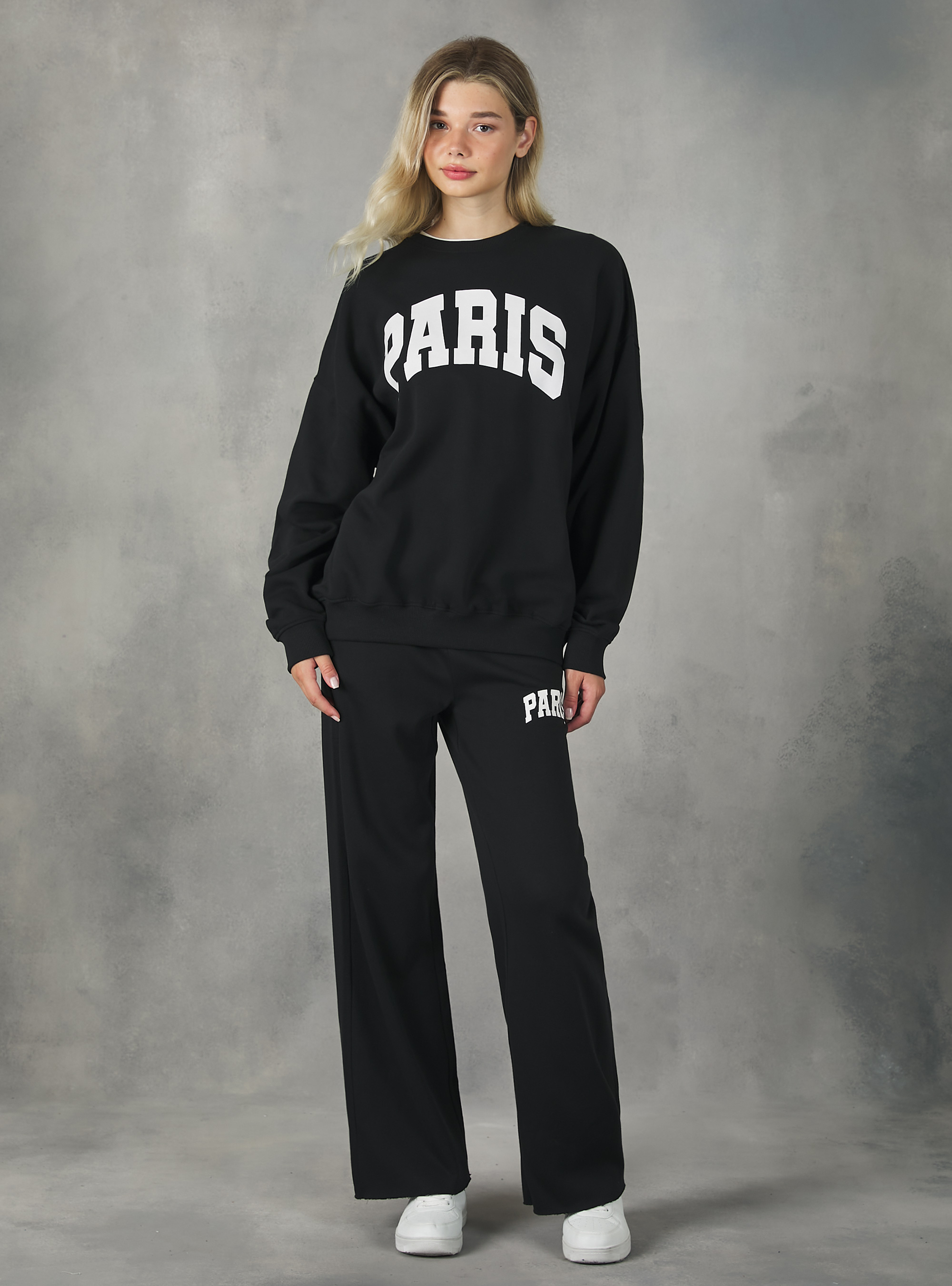 Sudadera universitaria oversize de cuello redondo, BK1 BLACK