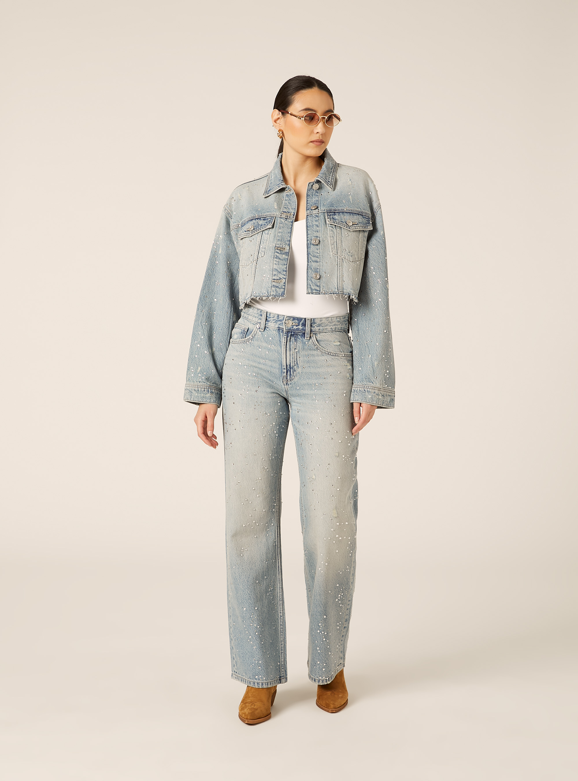 Giubbotto crop in denim con strass, D006 AZURE
