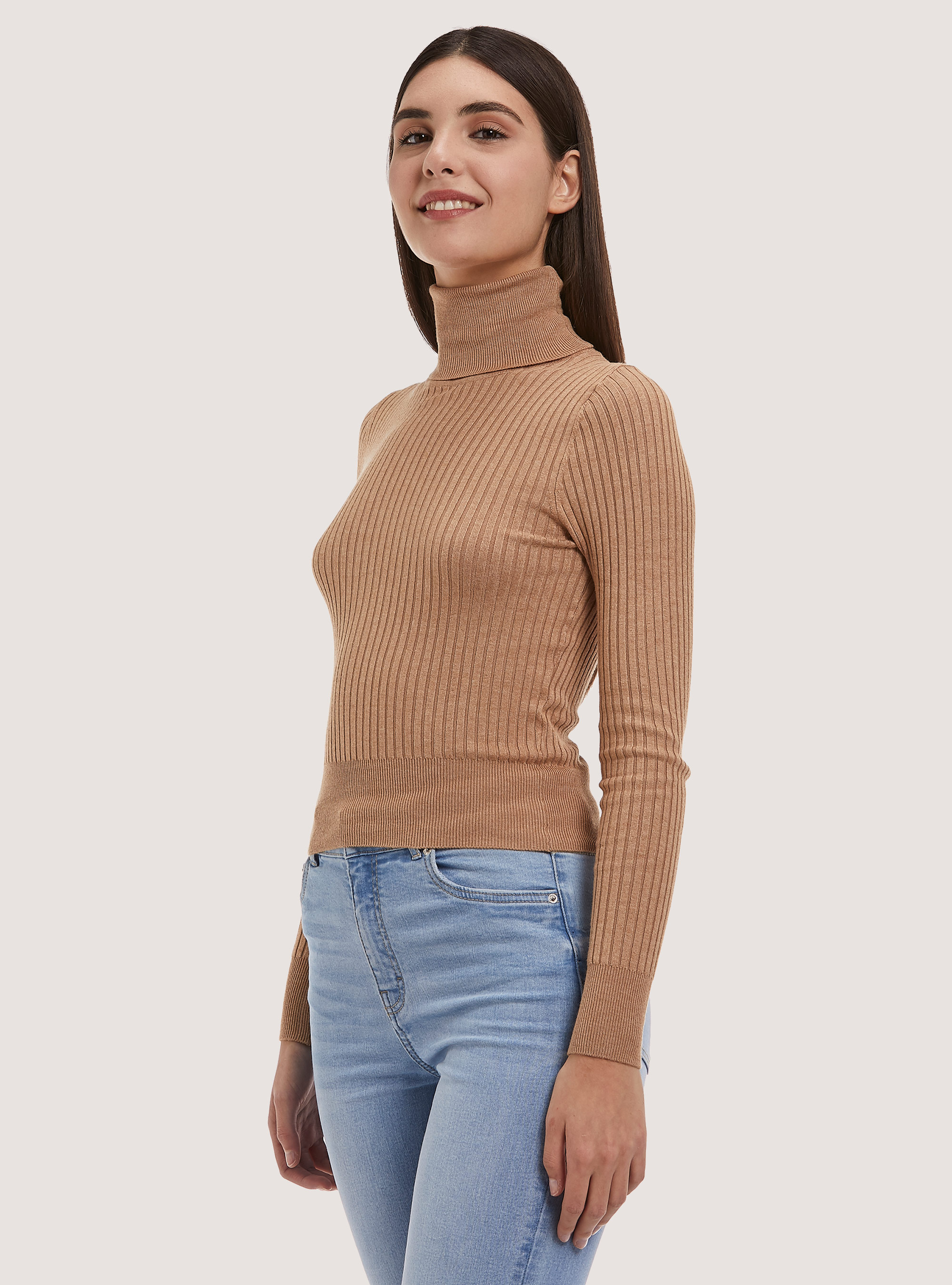 Pullover cropped a collo alto a coste, MBG2 BEIGE MEL MED