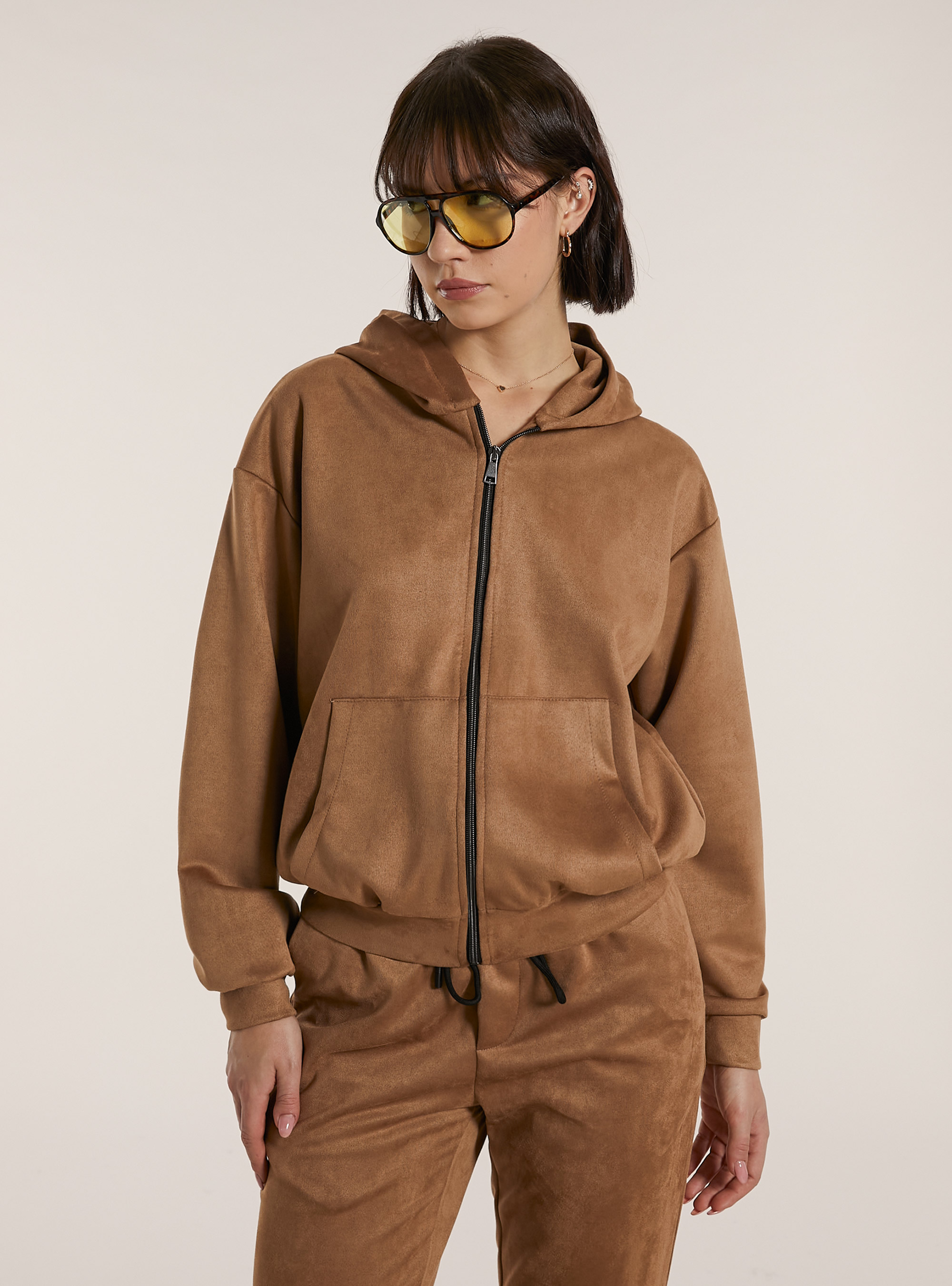 Genderless boxy fit sweatshirt with suede effect zip, TB2 TOBACCO MEDIUM