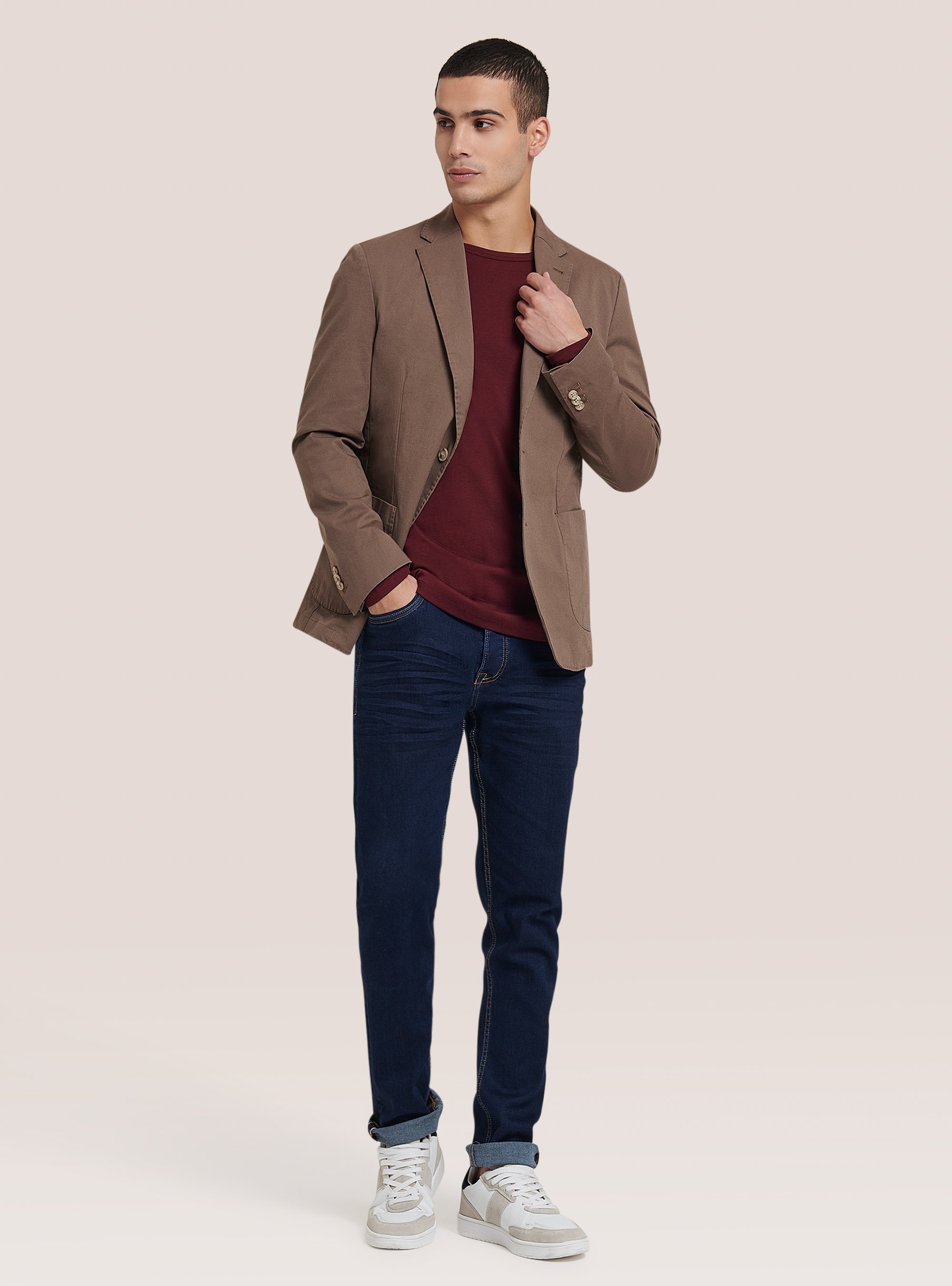 Giacca con tasca a toppa in misto cotone, C5615 BROWN