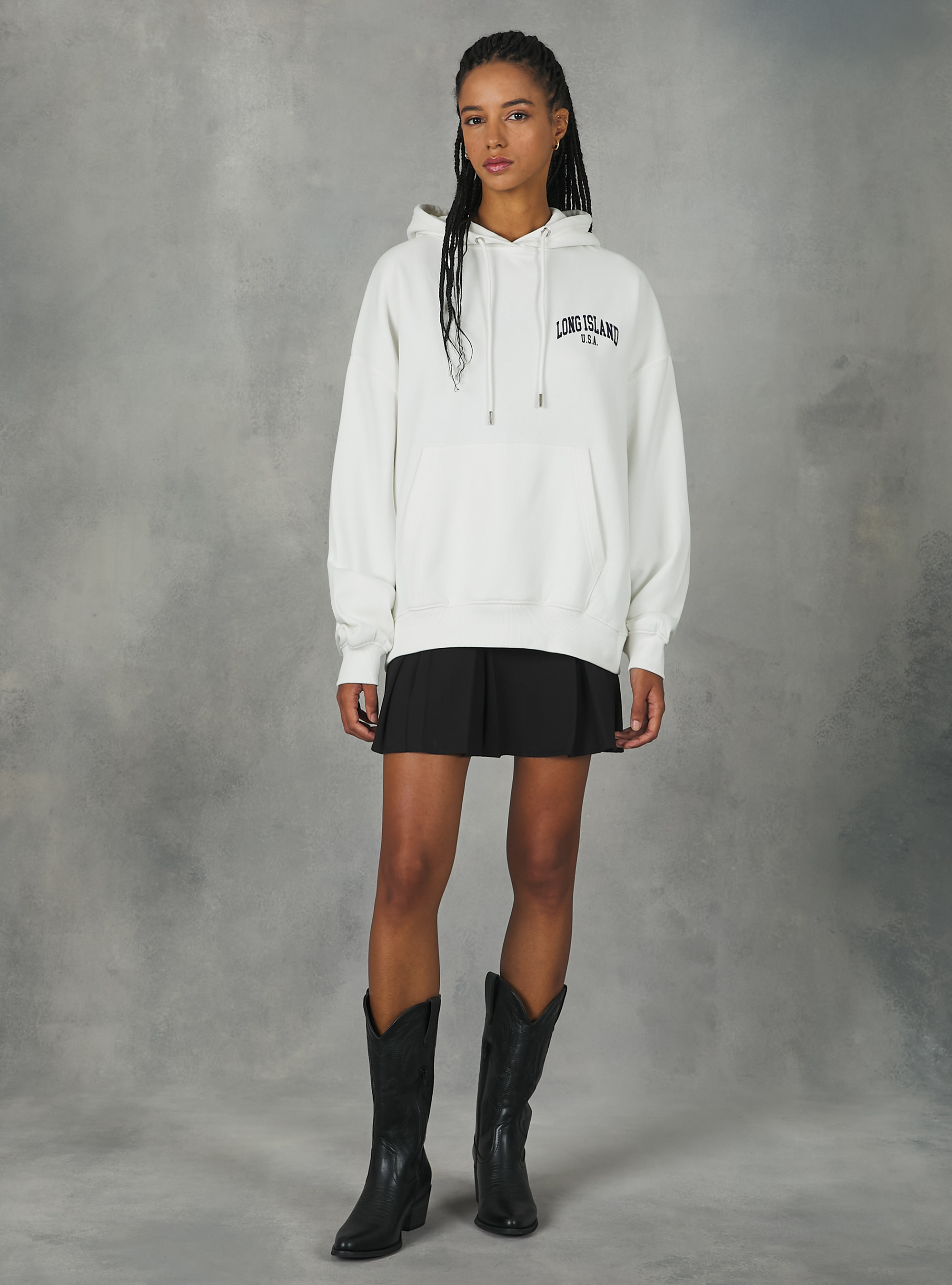 Sweatshirt avec imprim&eacute; coll&egrave;ge et capuche, WH2 WHITE