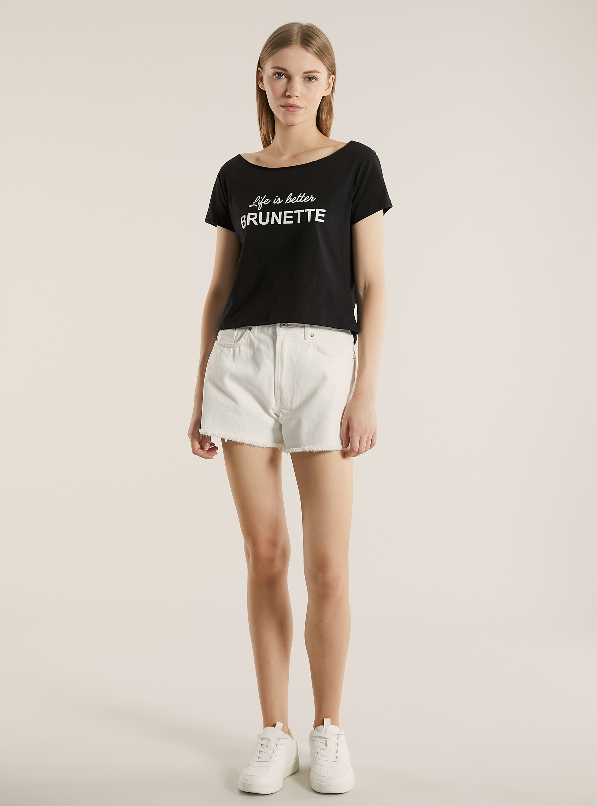 Camiseta con cuello barco y estampado, BK1 BLACK