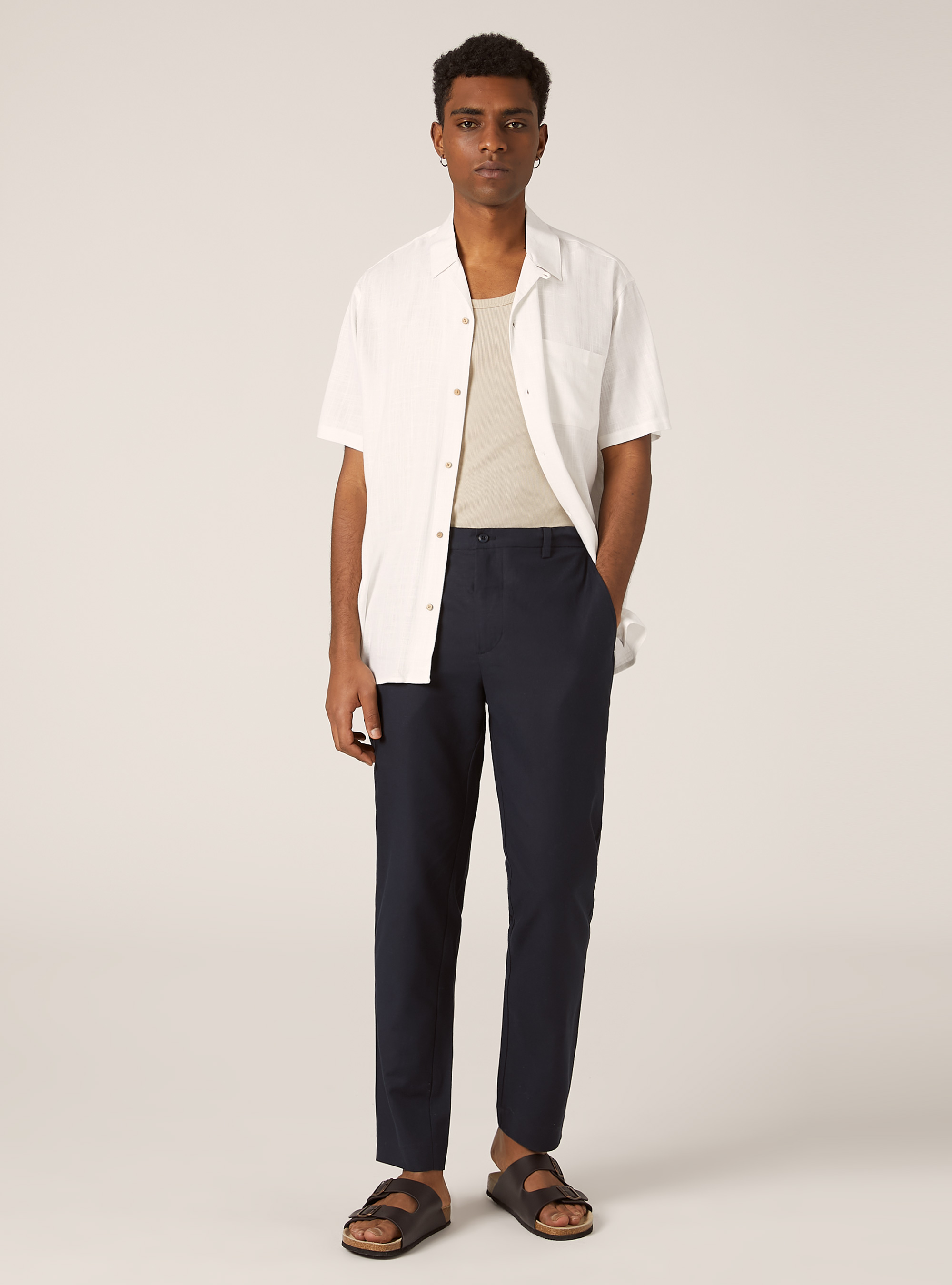 Camicia in misto lino con collo bowling, WH1 OFF WHITE