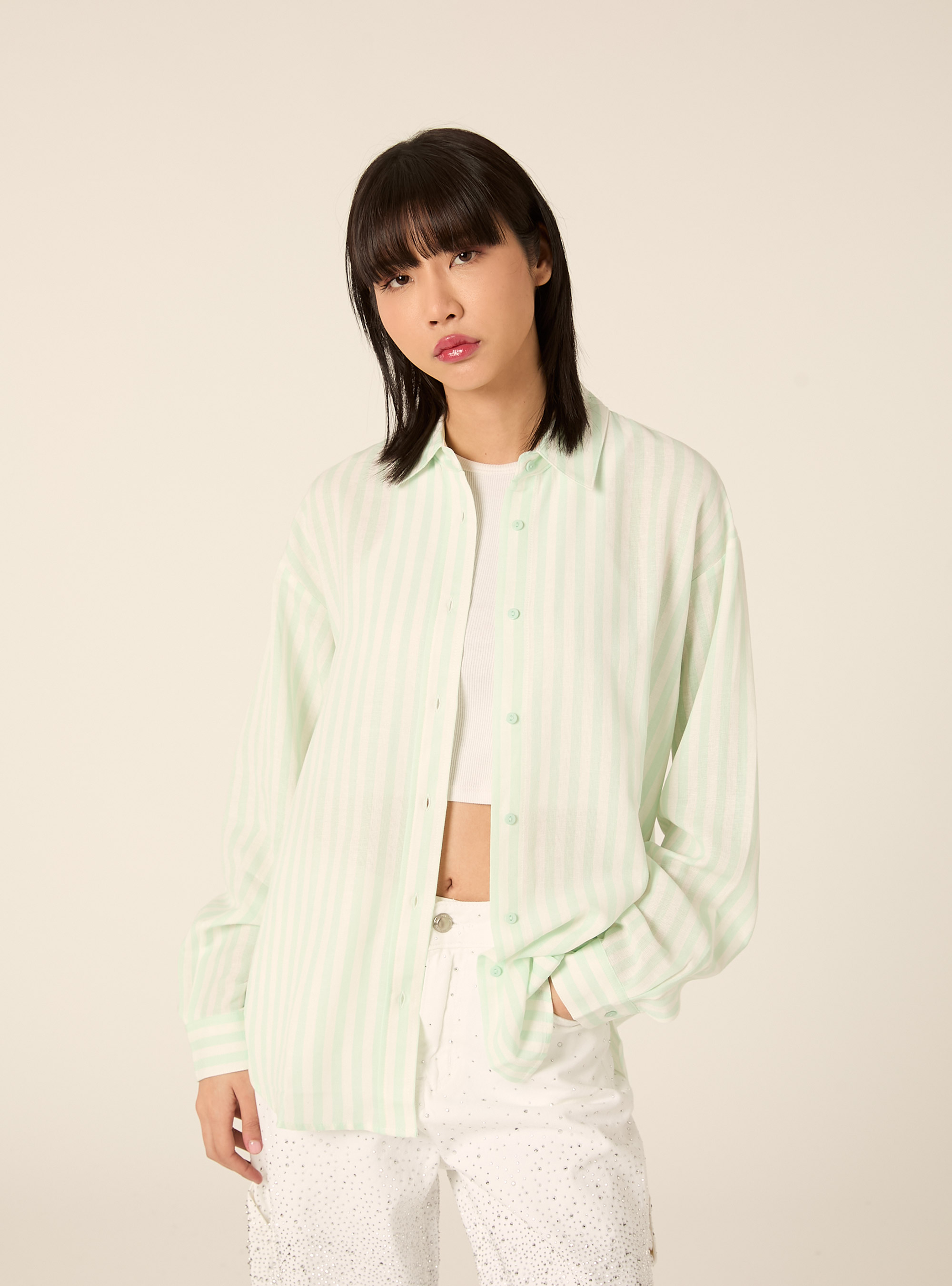 Camicia a righe in misto lino, GA3 AQUA GREEN LIGHT