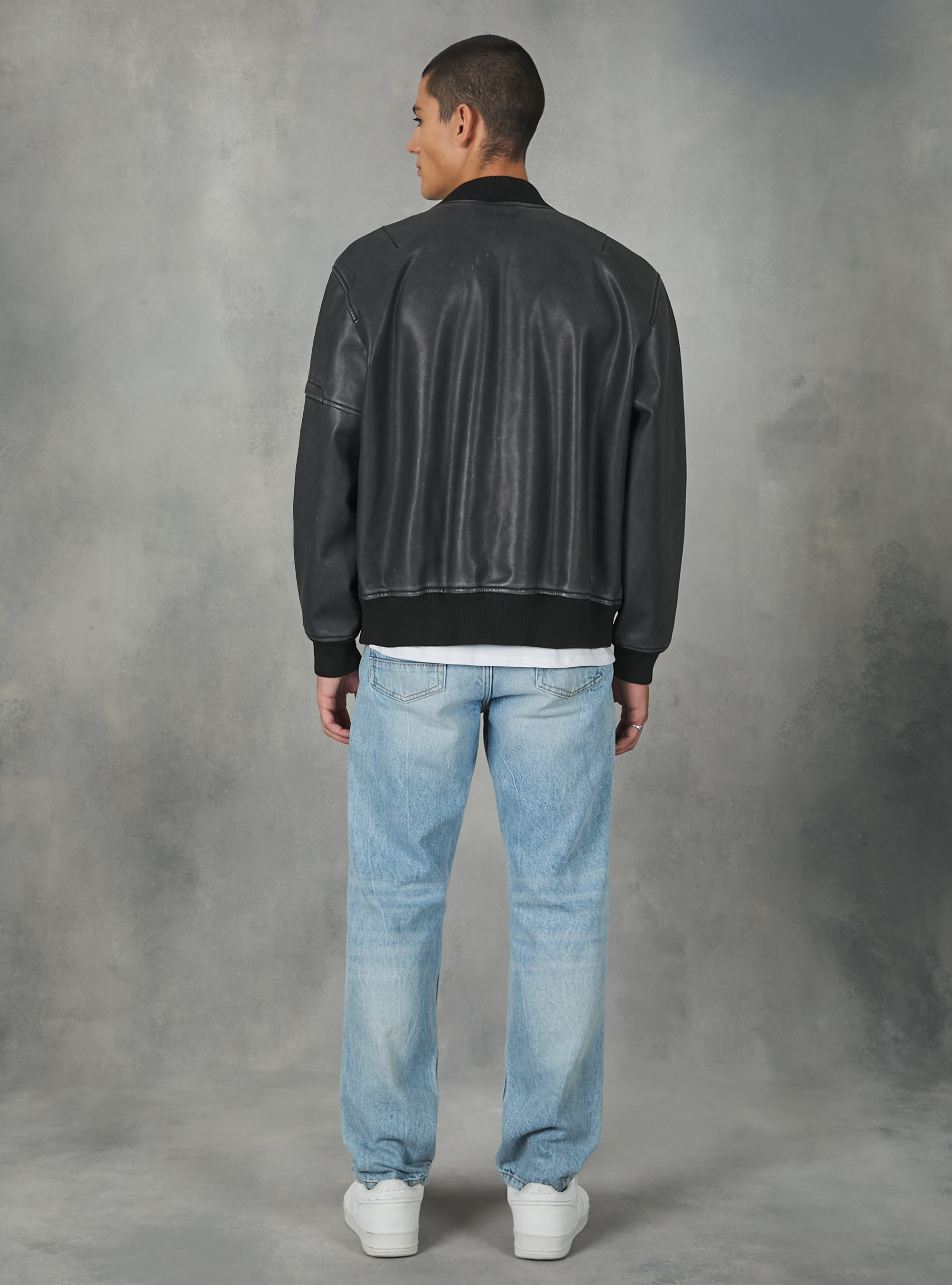 Distressed leather effect bomber jacket, BK1 BLACK