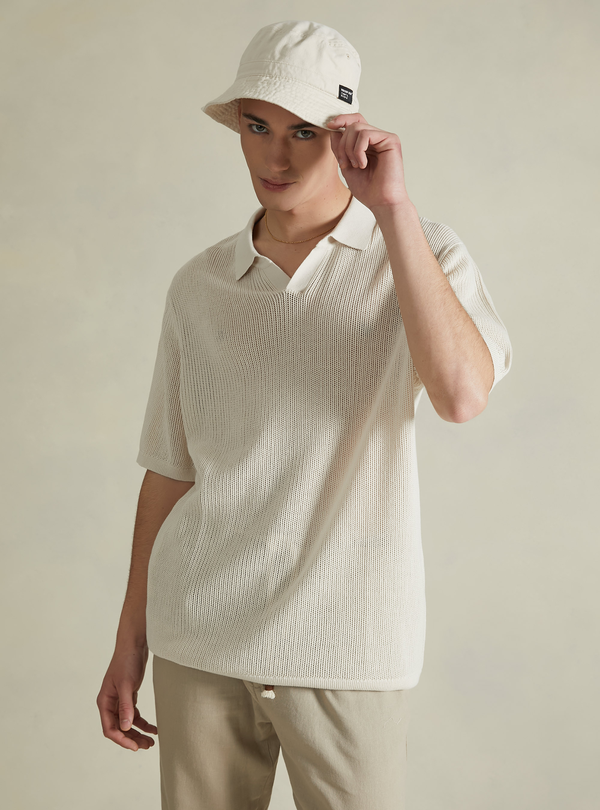 Openwork pullover with polo neck, WH2 WHITE