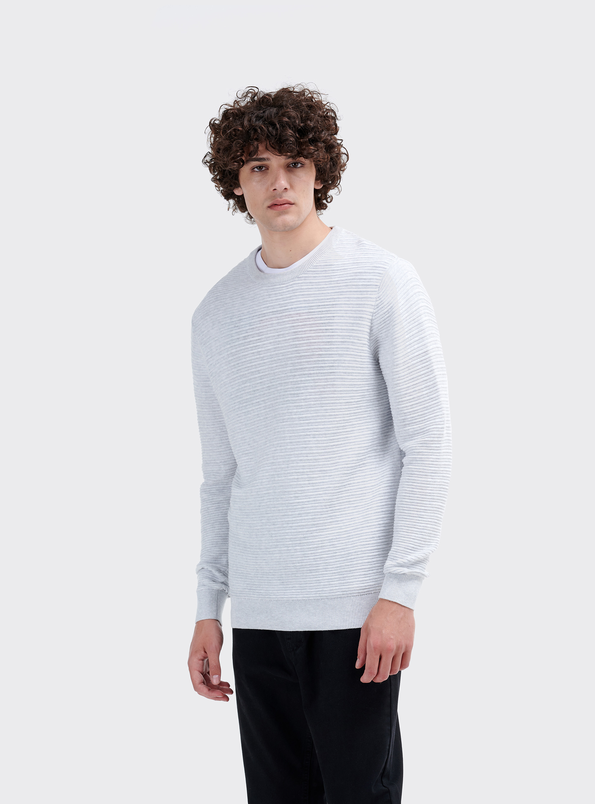 Basic crew neck structured knit sweater, C148 ICE MELANGE