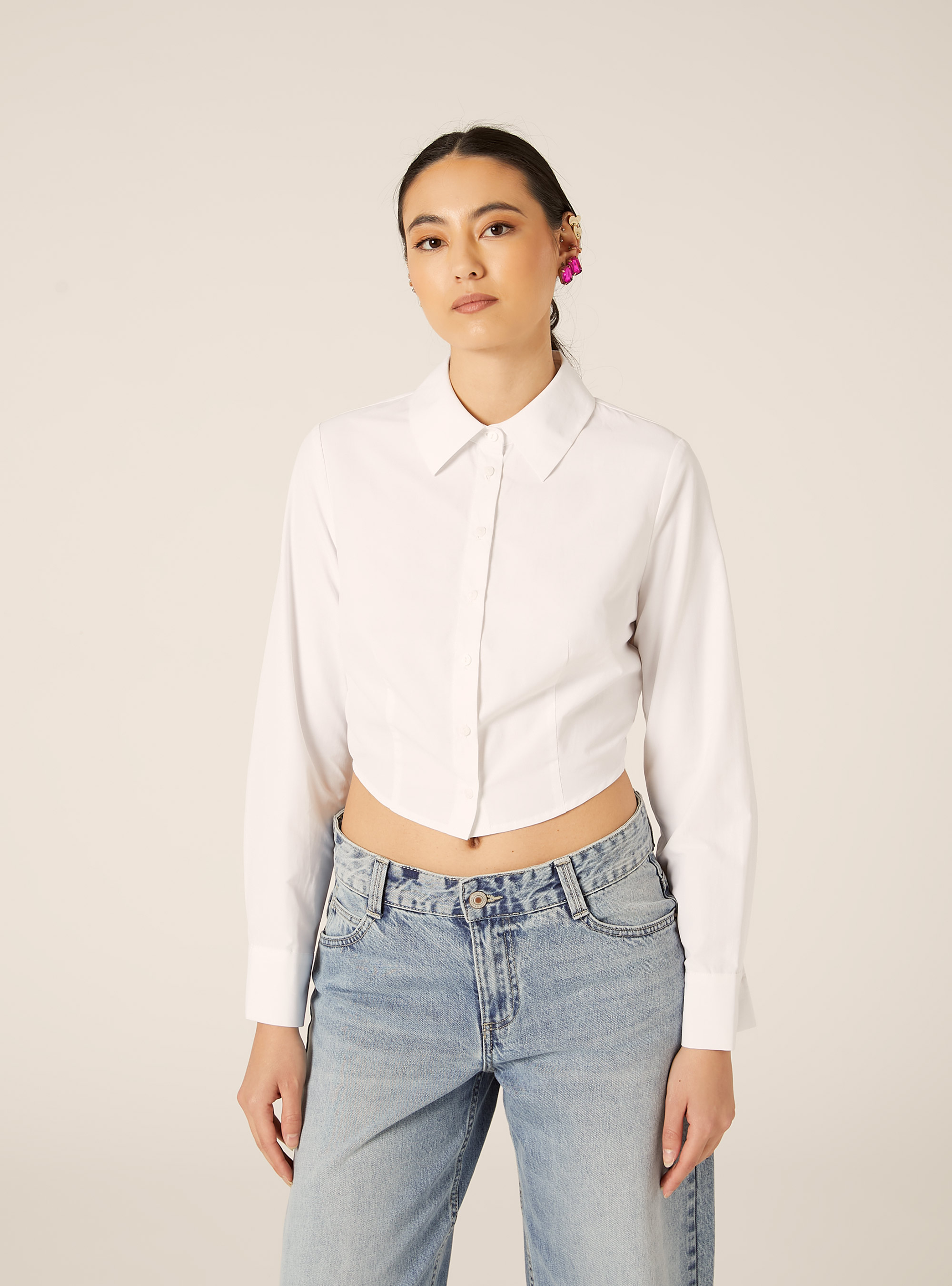 Camisa cropped de popelina, WH3 WHITE