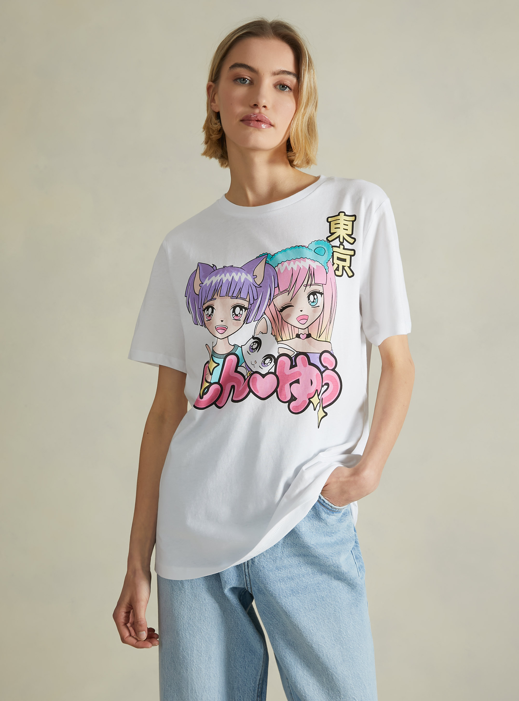 Maglietta con stampa manga, WH3 WHITE