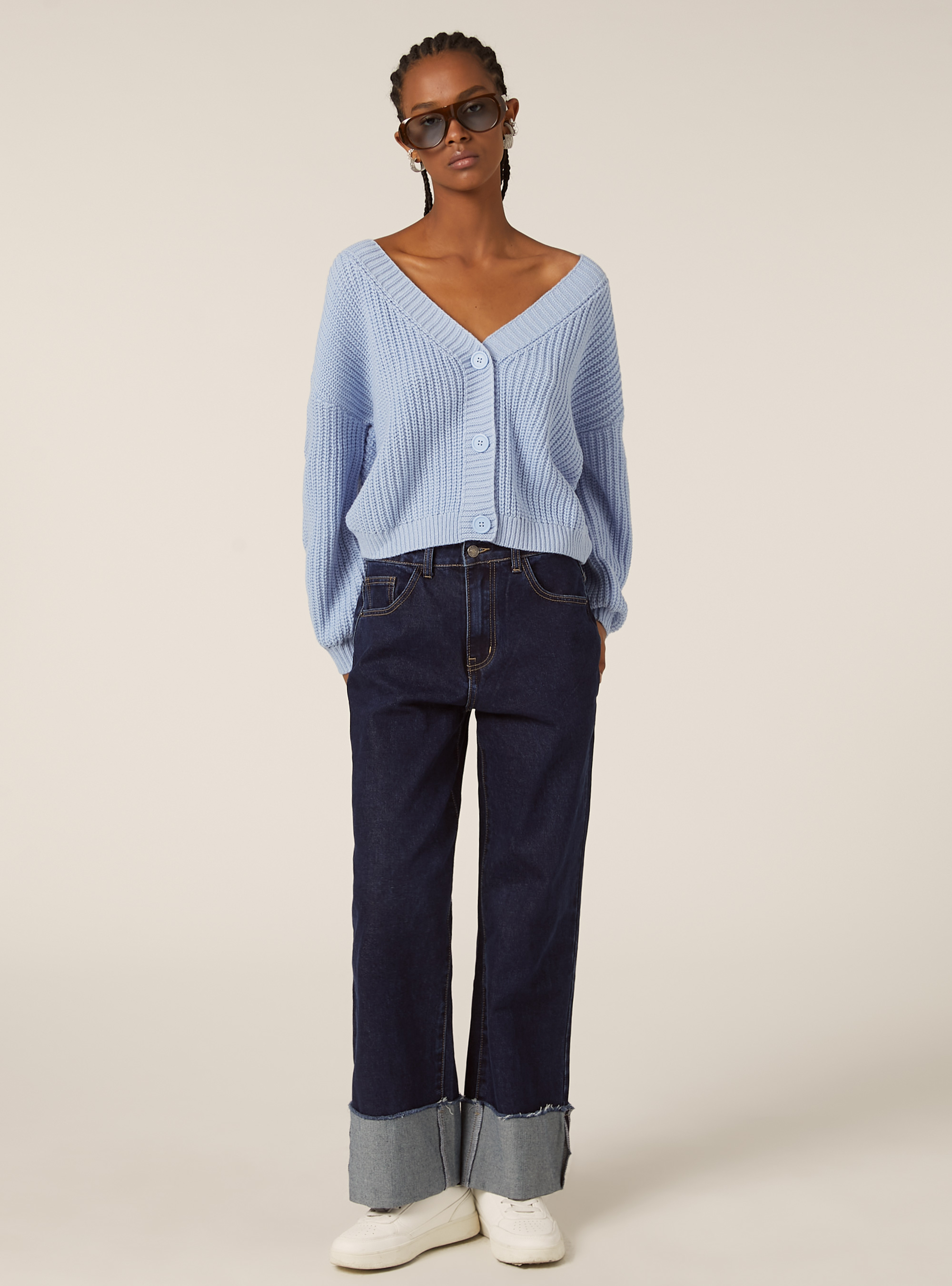 Knitted cardigan with V-neck, MAZ2 AZURE MEL MEDIUM