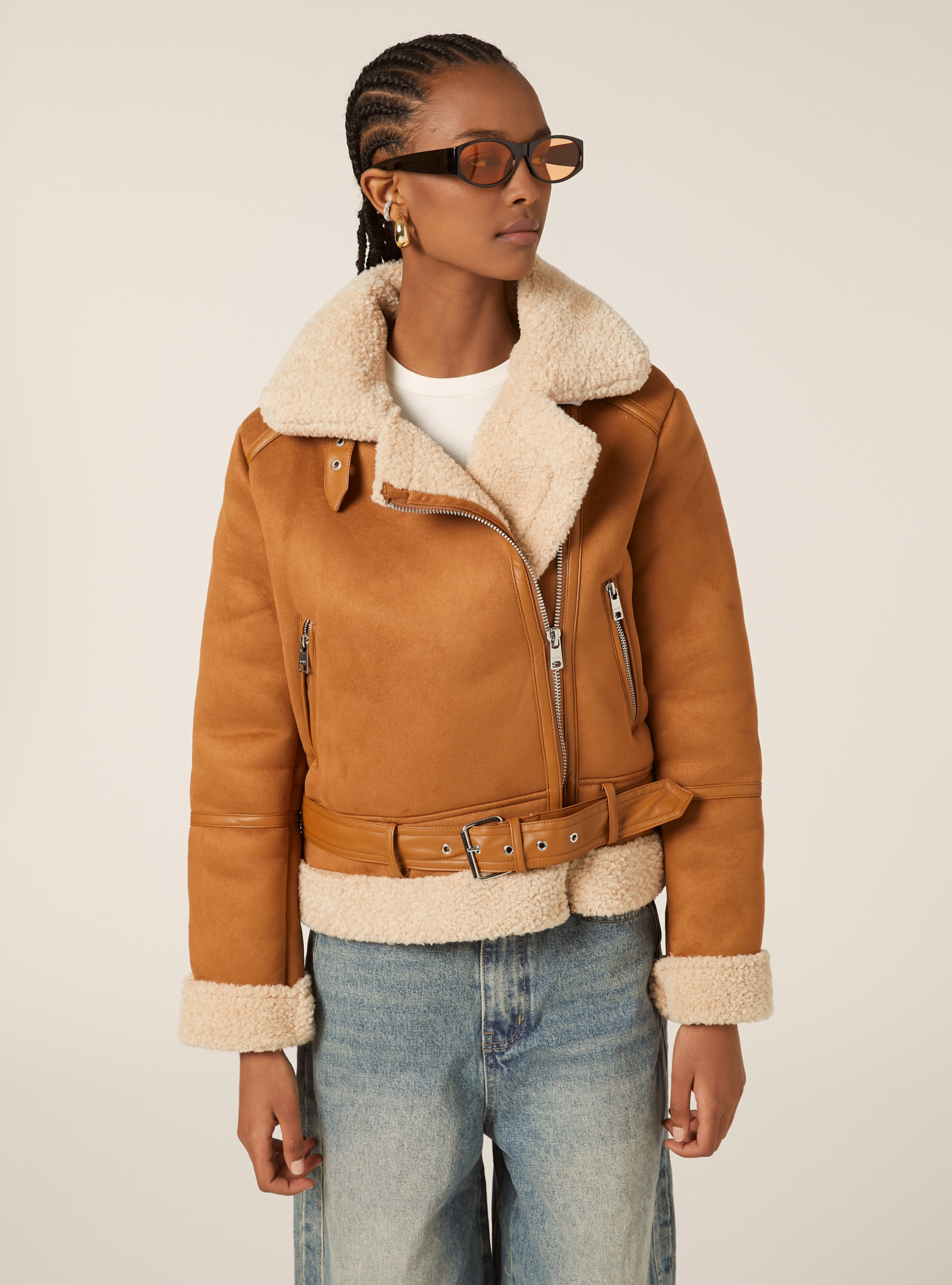 Giubbotto montone effetto camoscio, TB2 TOBACCO MEDIUM