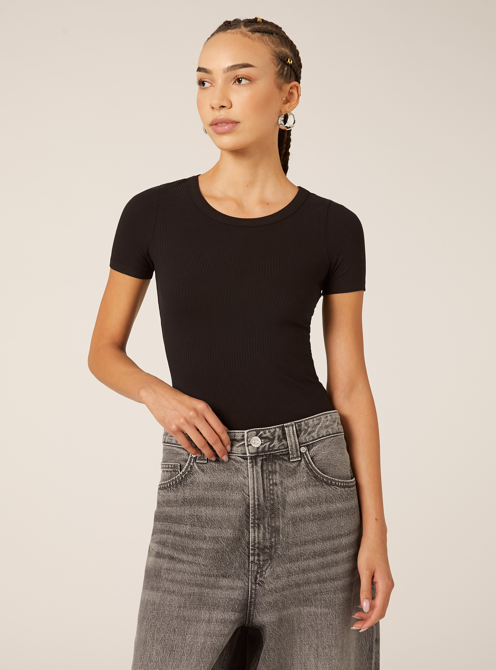 Body à manches courtes cotelées, BK1 BLACK