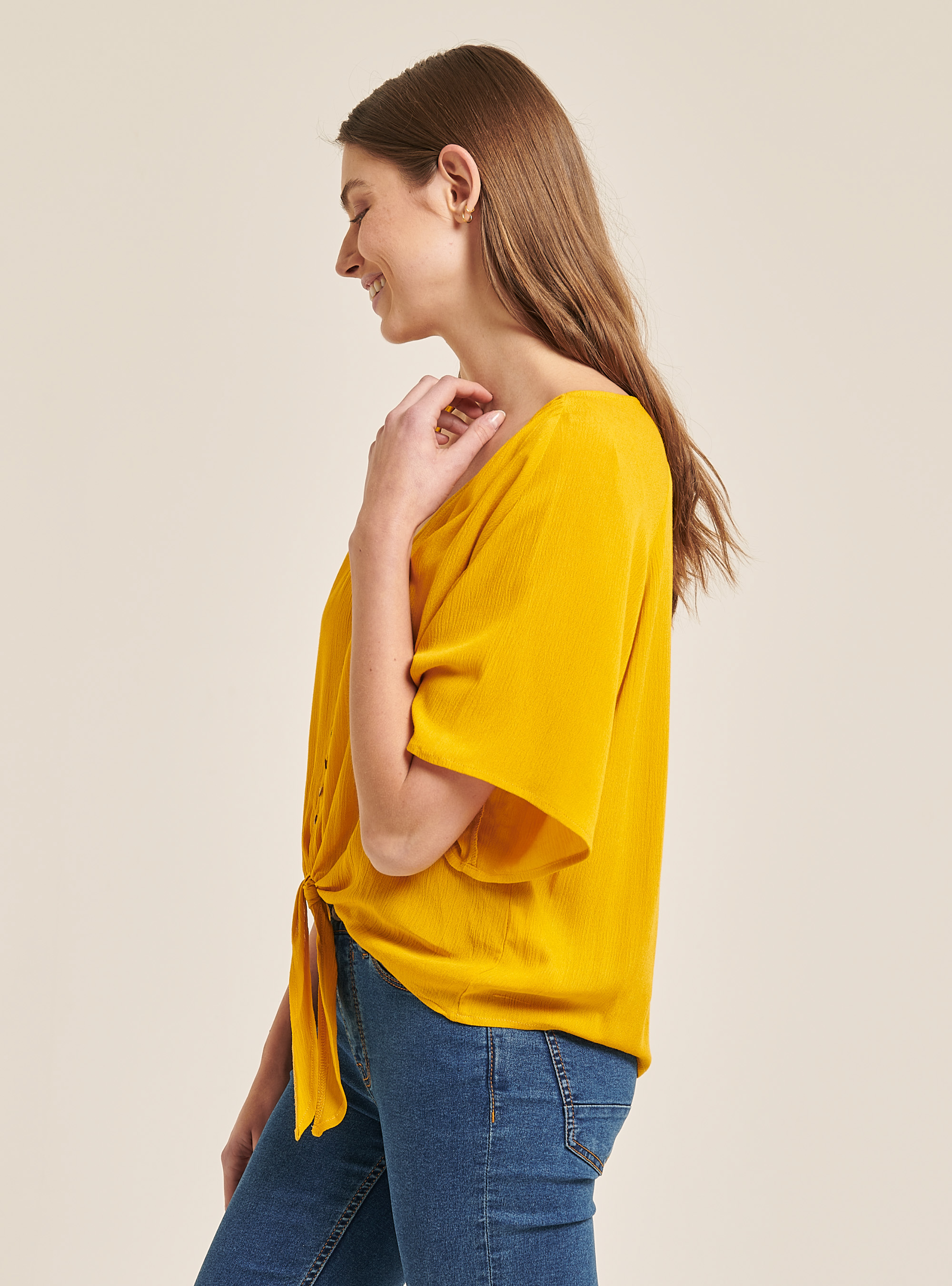 Blusa cuello v solo color, C719 SENAPE