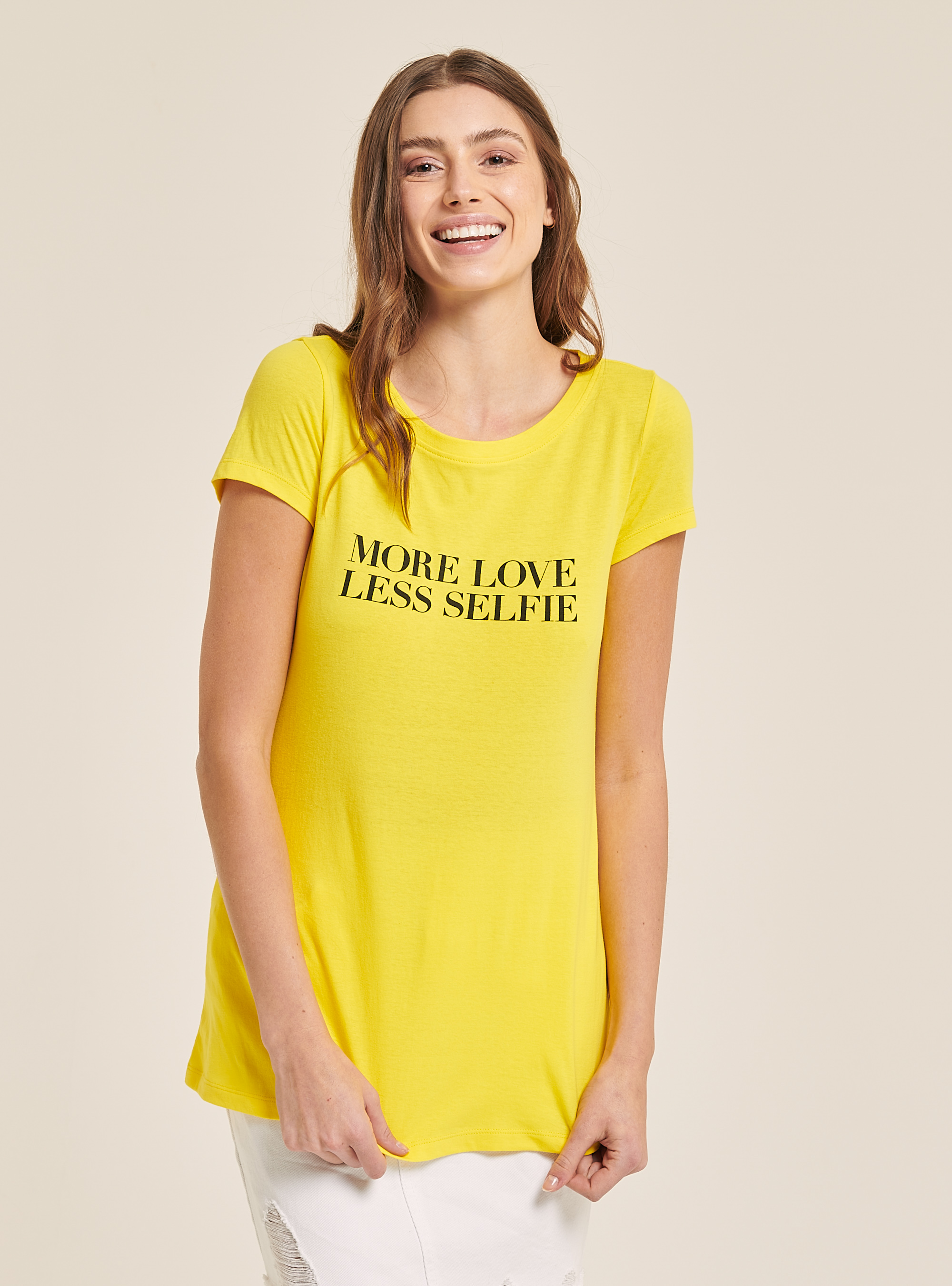 Baumwoll-T-Shirt mit gedrucktem Slogan, C785 YELLOW
