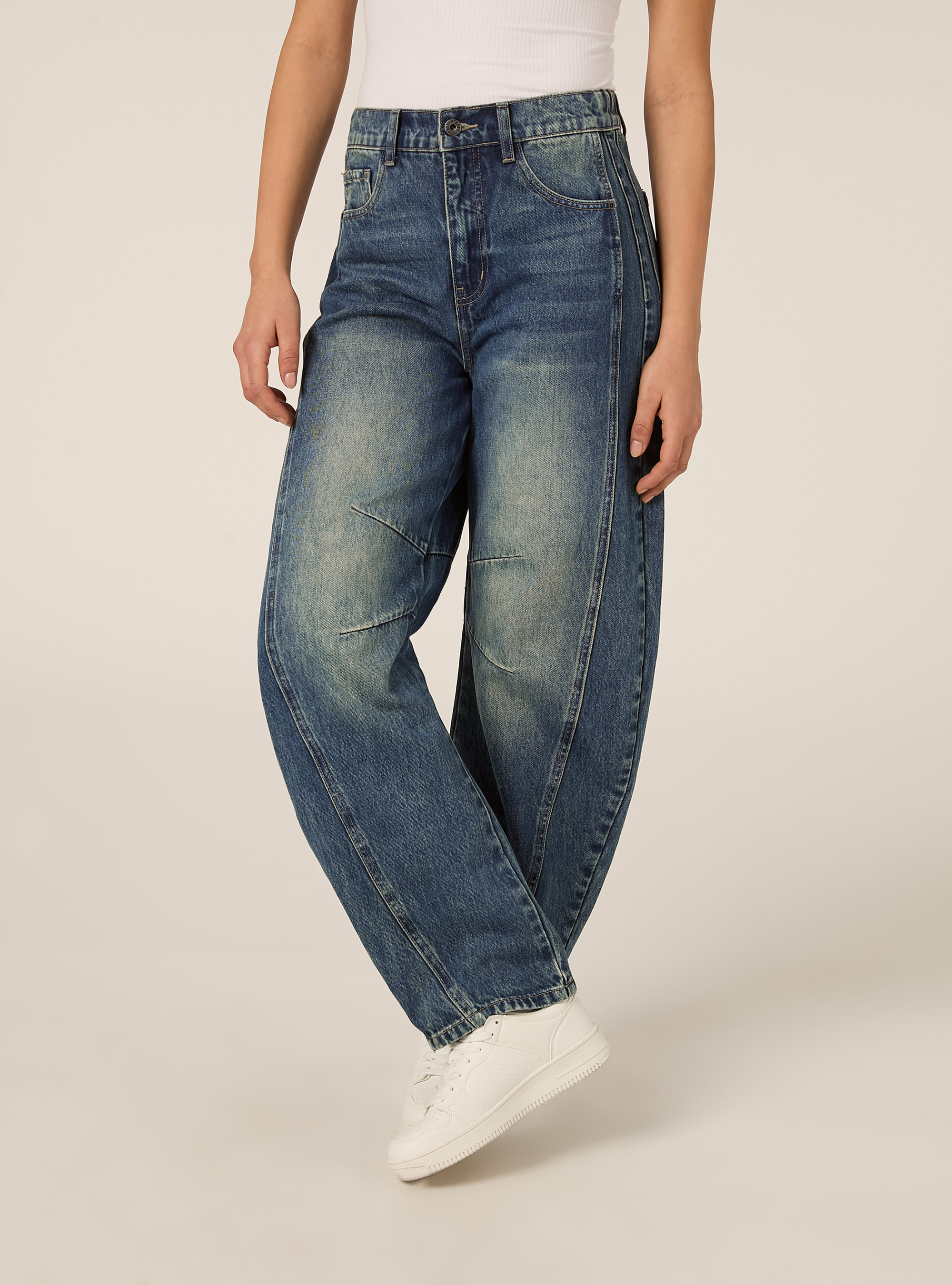 Jeans balloon con tagli ginocchio, D003 MEDIUM BLUE