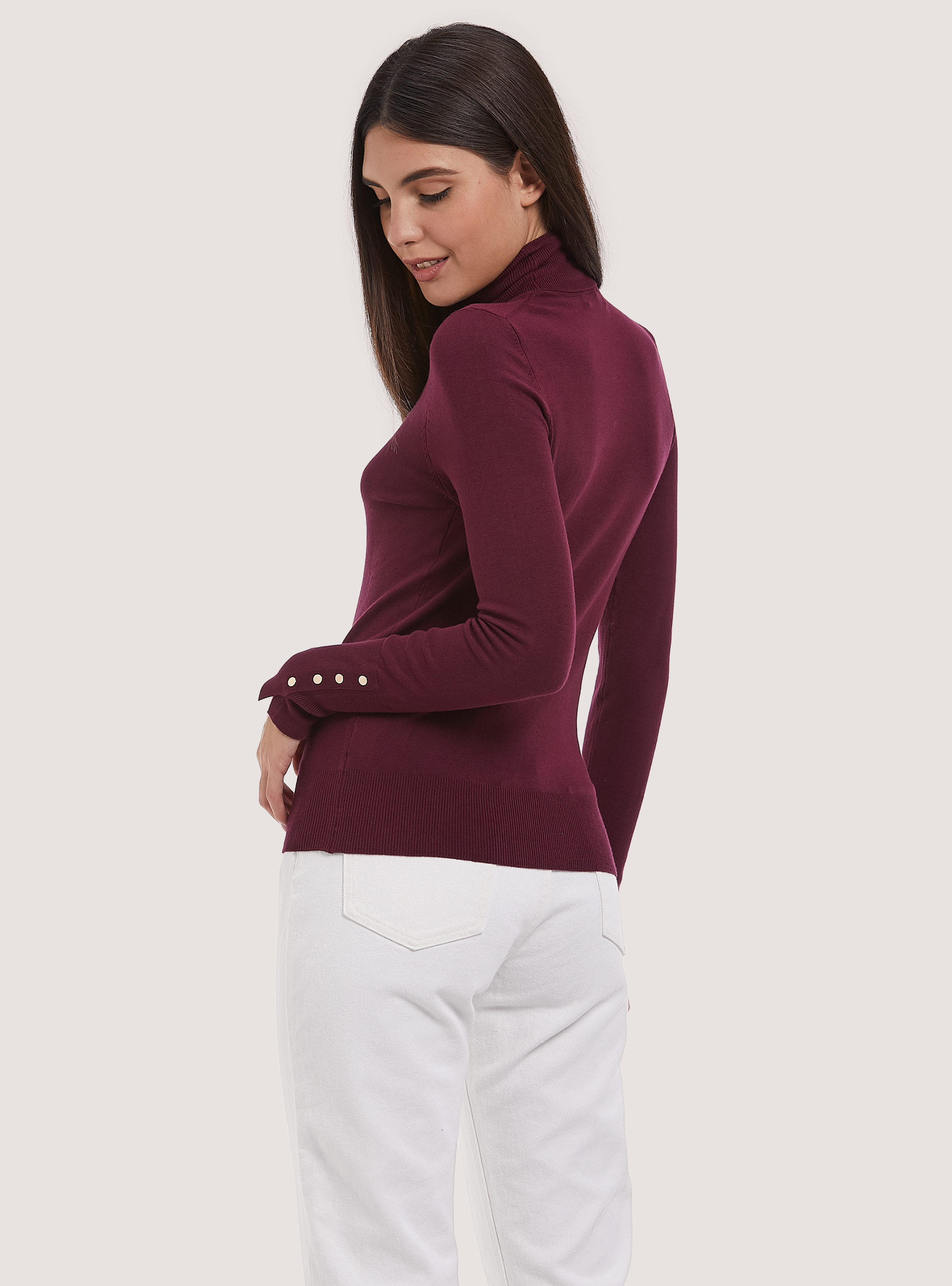 Pullover a collo alto con bottoni sulla manica, BO1 BORDEAUX DARK