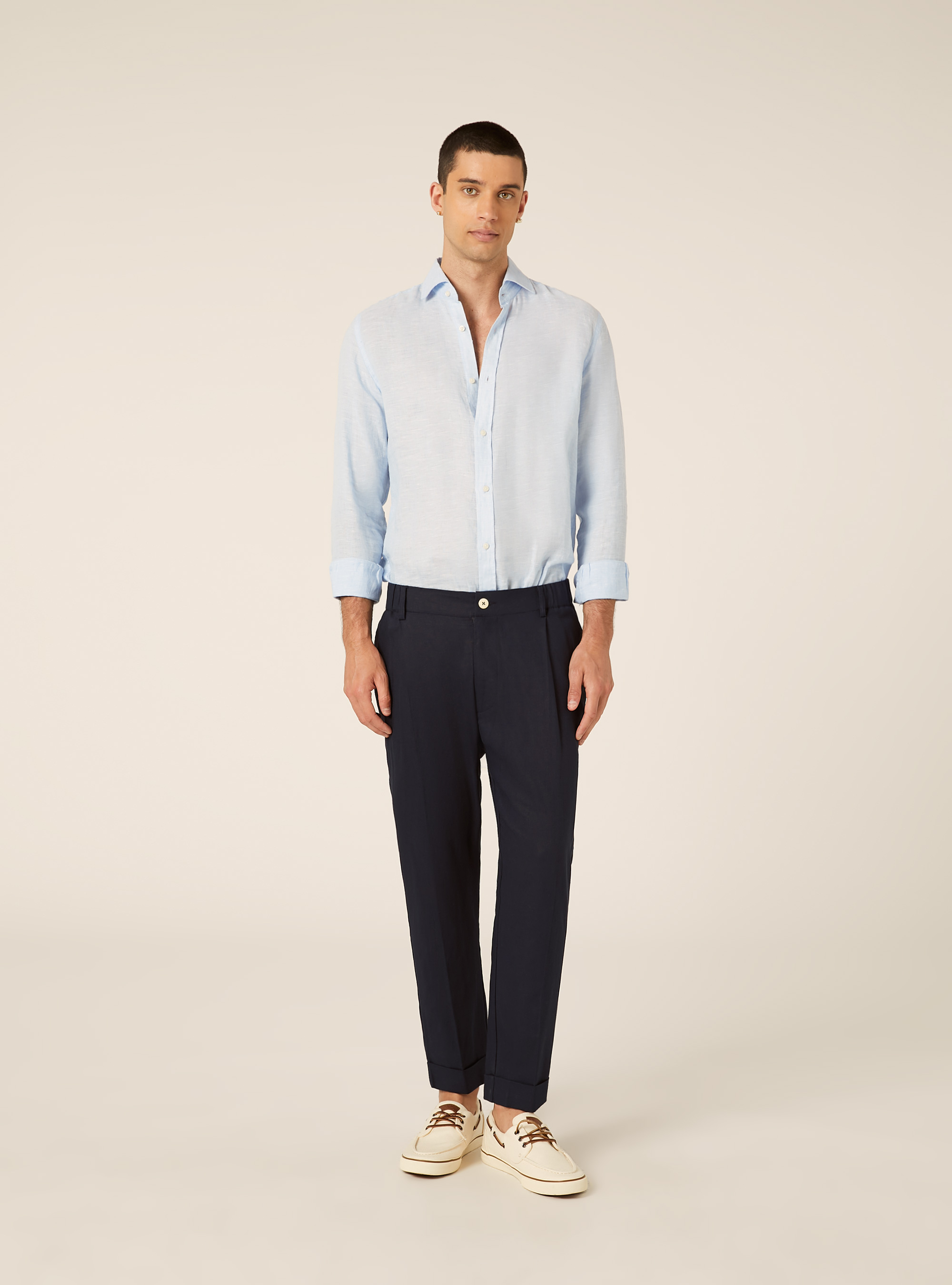 Pantaloni una pince misto lino, NA1 NAVY DARK