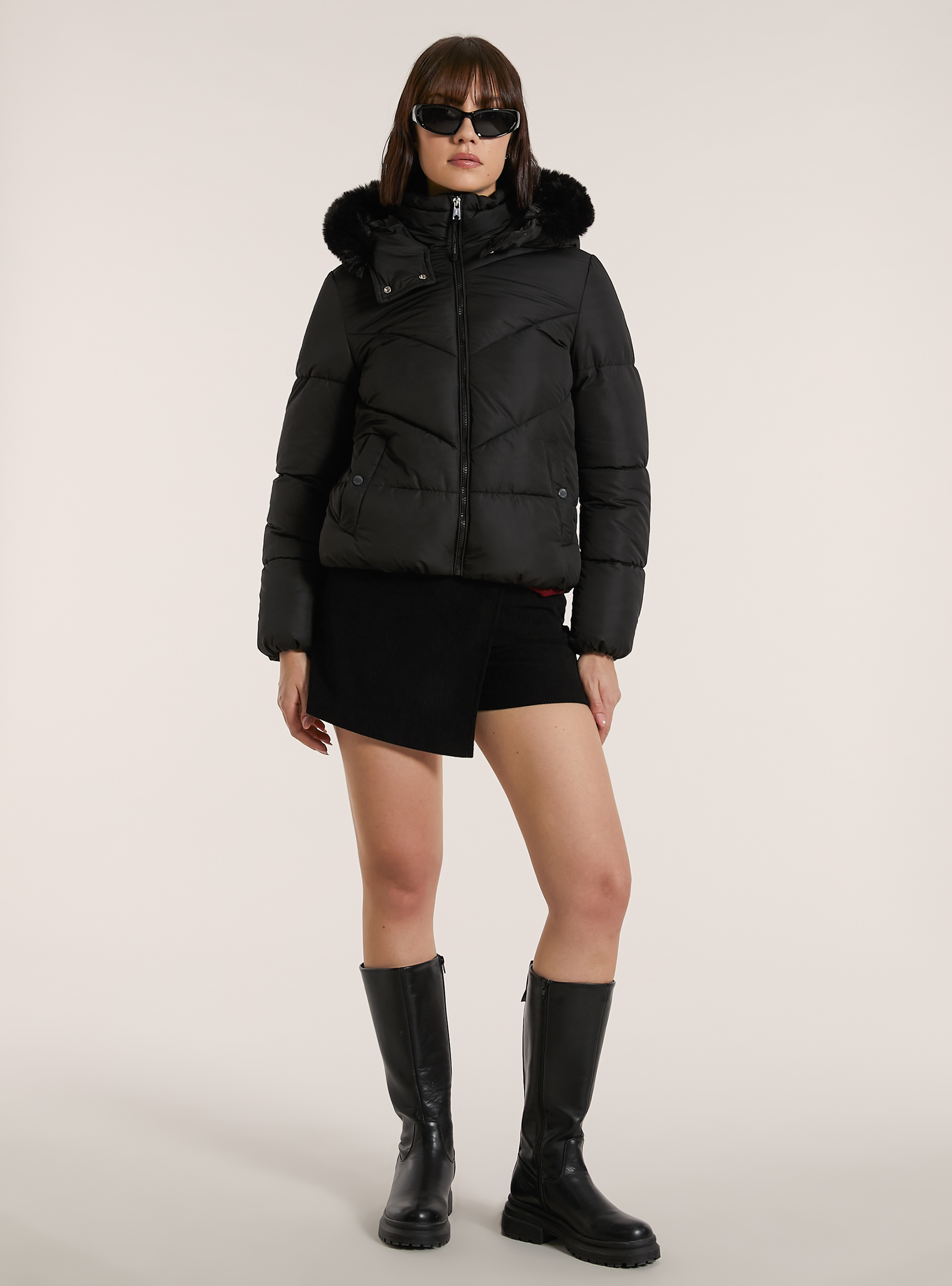 Puffy jacket with faux fur hood, BK1 BLACK