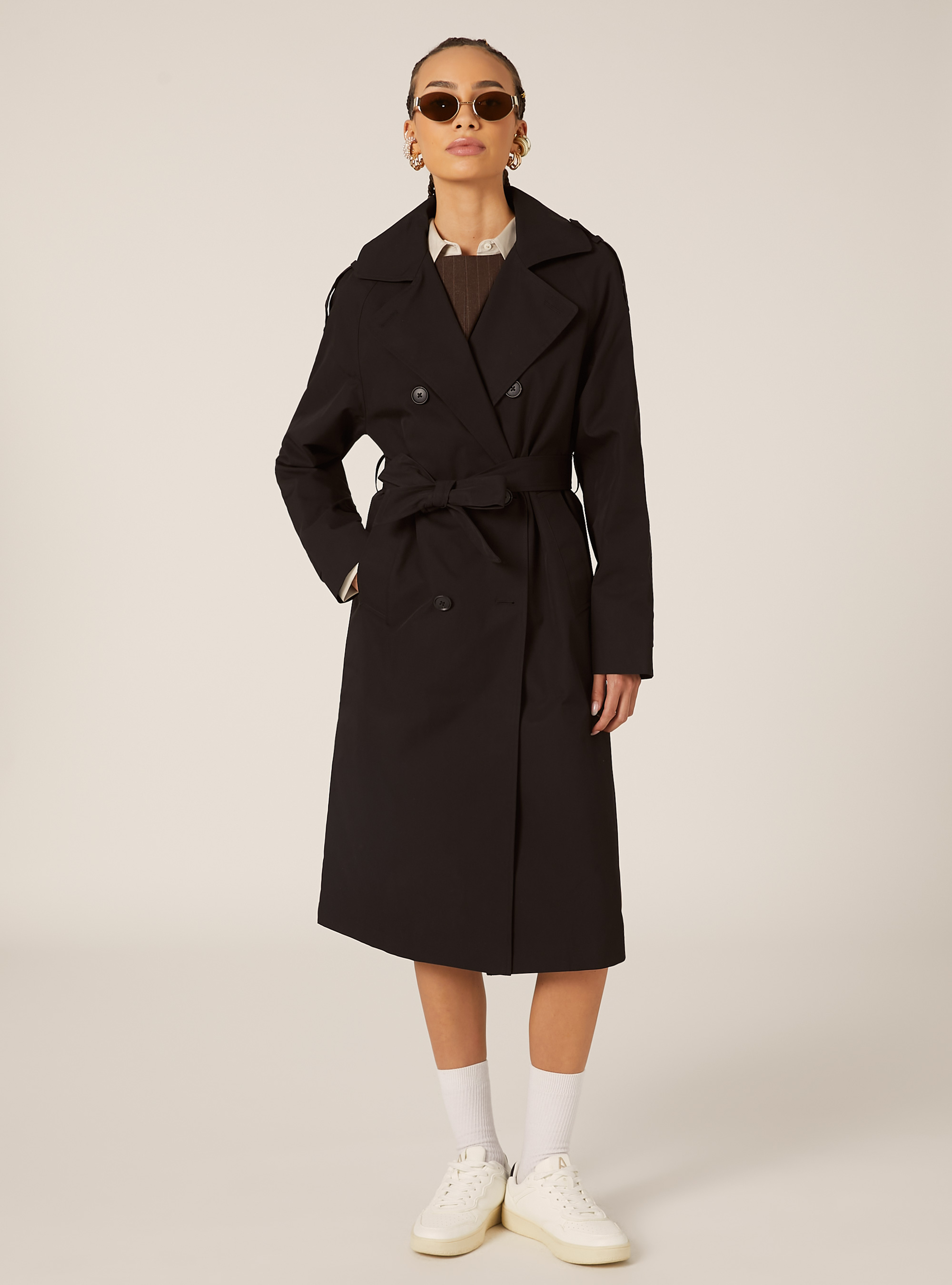 Long trench coat with belt, BK1 BLACK