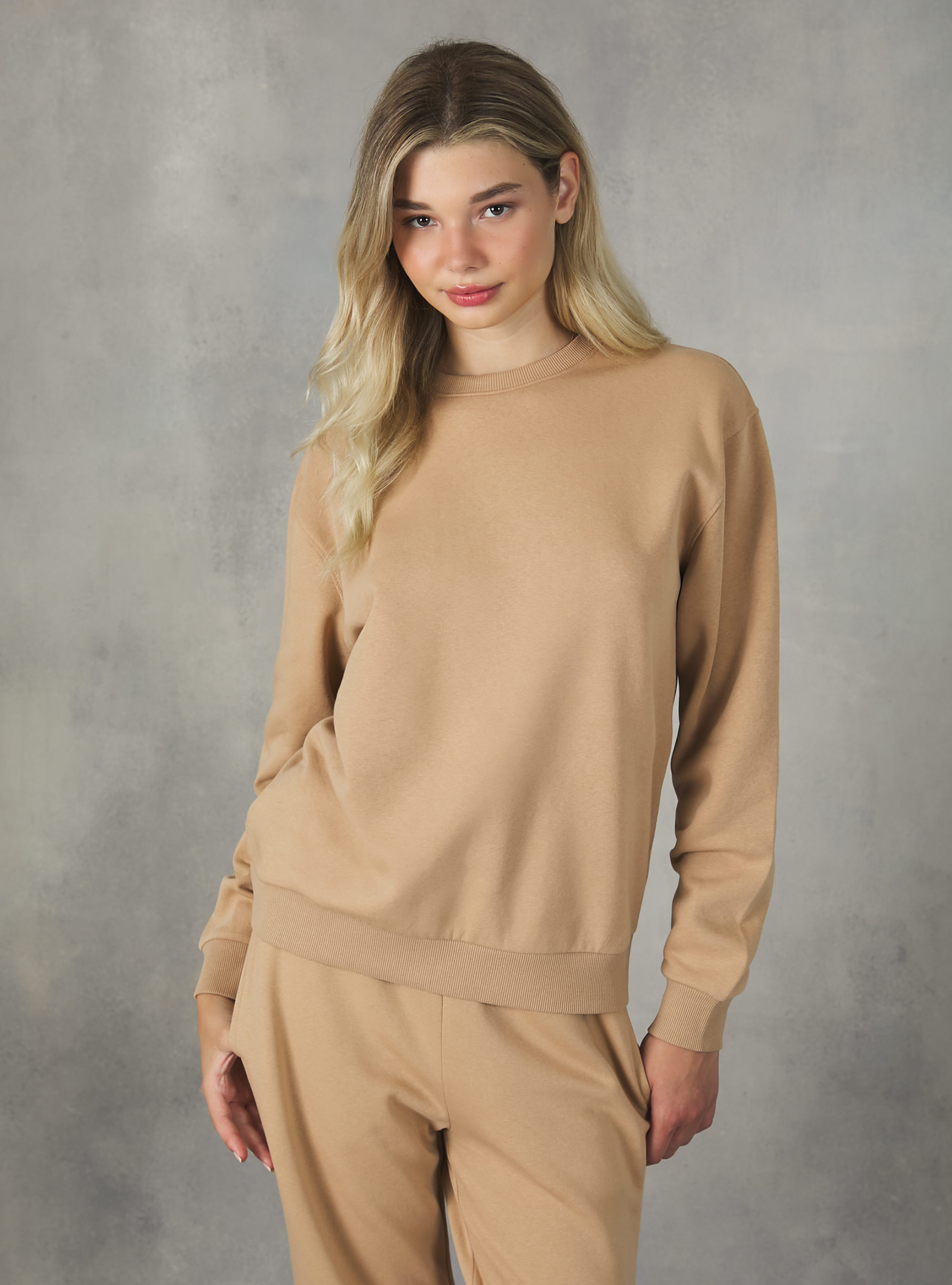 Sweat à col ras du cou en coton uni, BG2 BEIGE MEDIUM