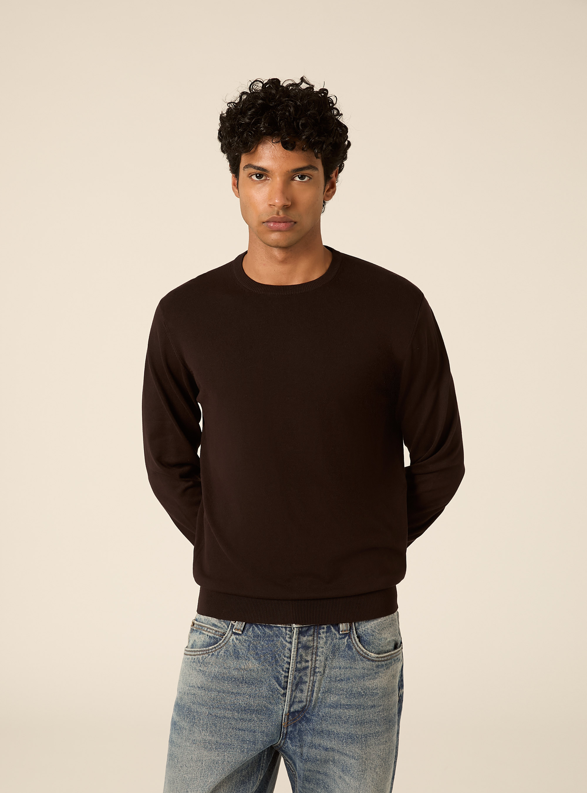 Pullover girocollo in viscosa, MARRONE SCURO