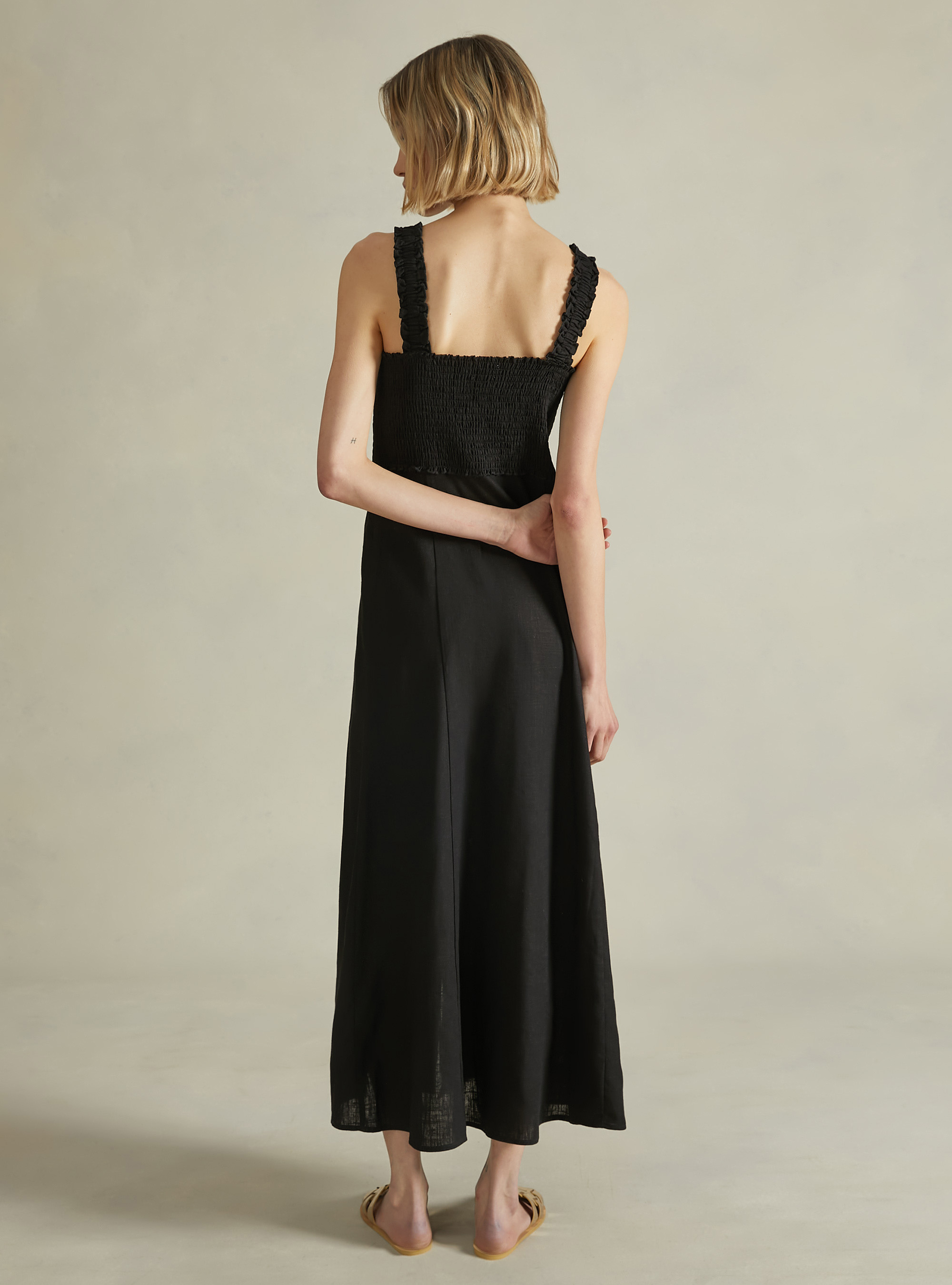 Linen blend midi dress, BK1 BLACK