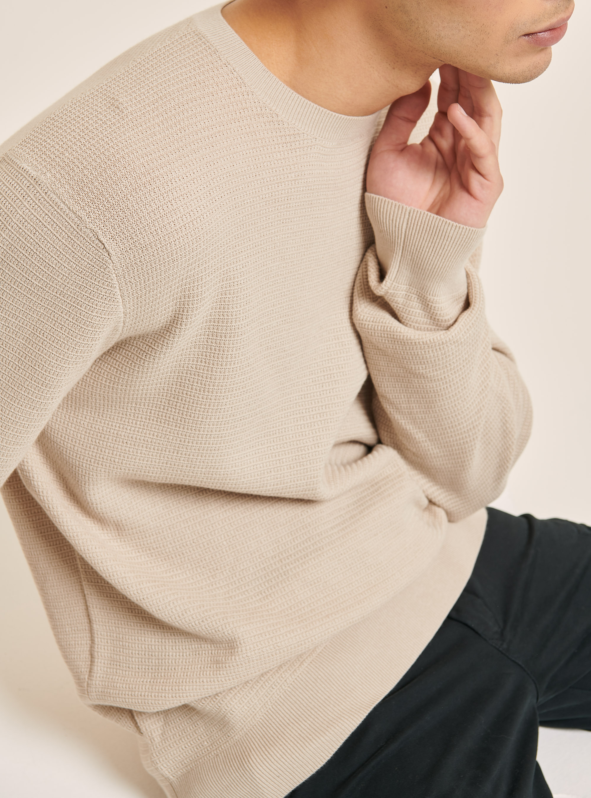 Textured cotton crew neck pullover, BG3 BEIGE LIGHT