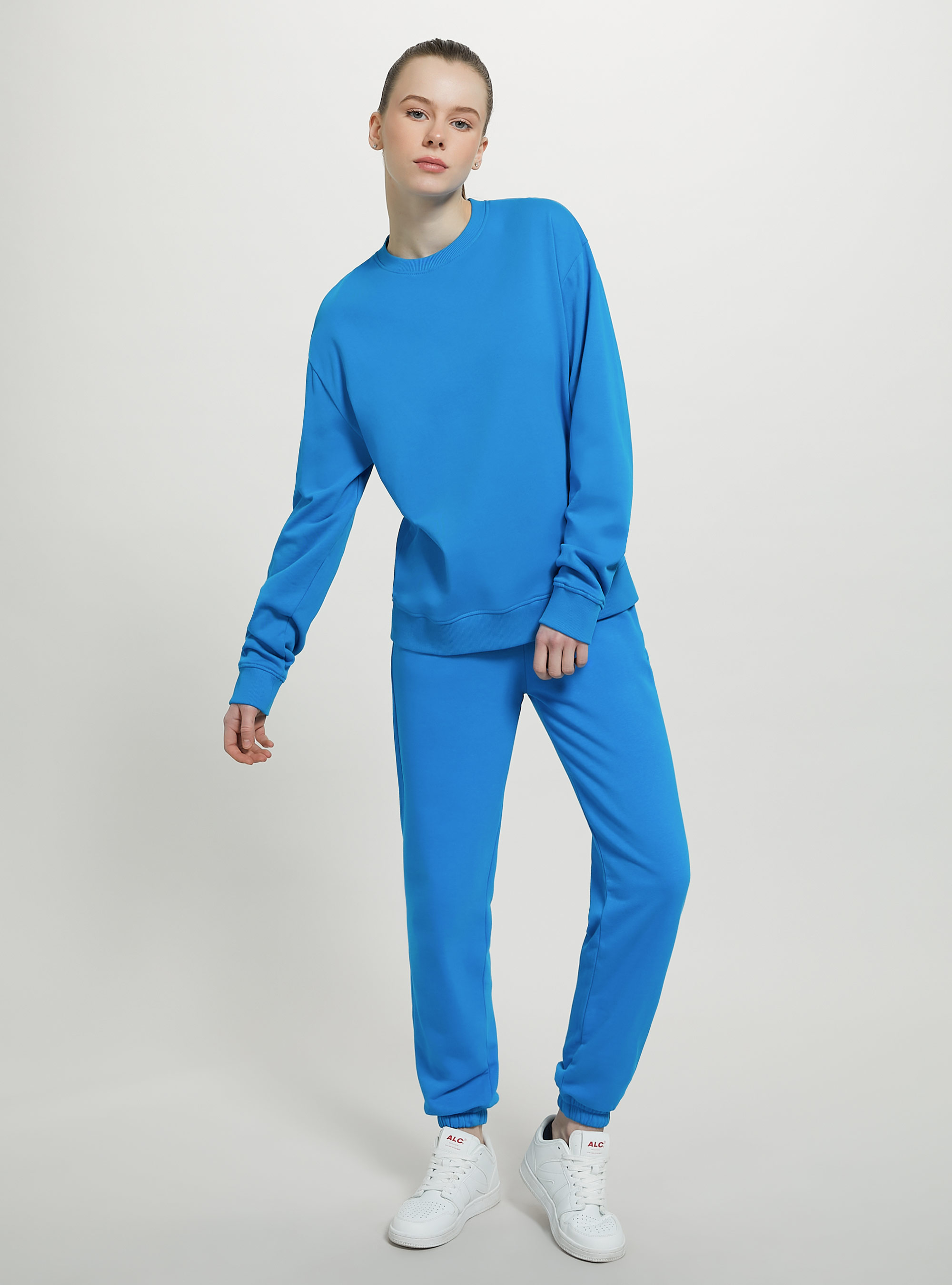 Sudadera lisa de algodón con cuello redondo, AZ1 AZZURRE DARK