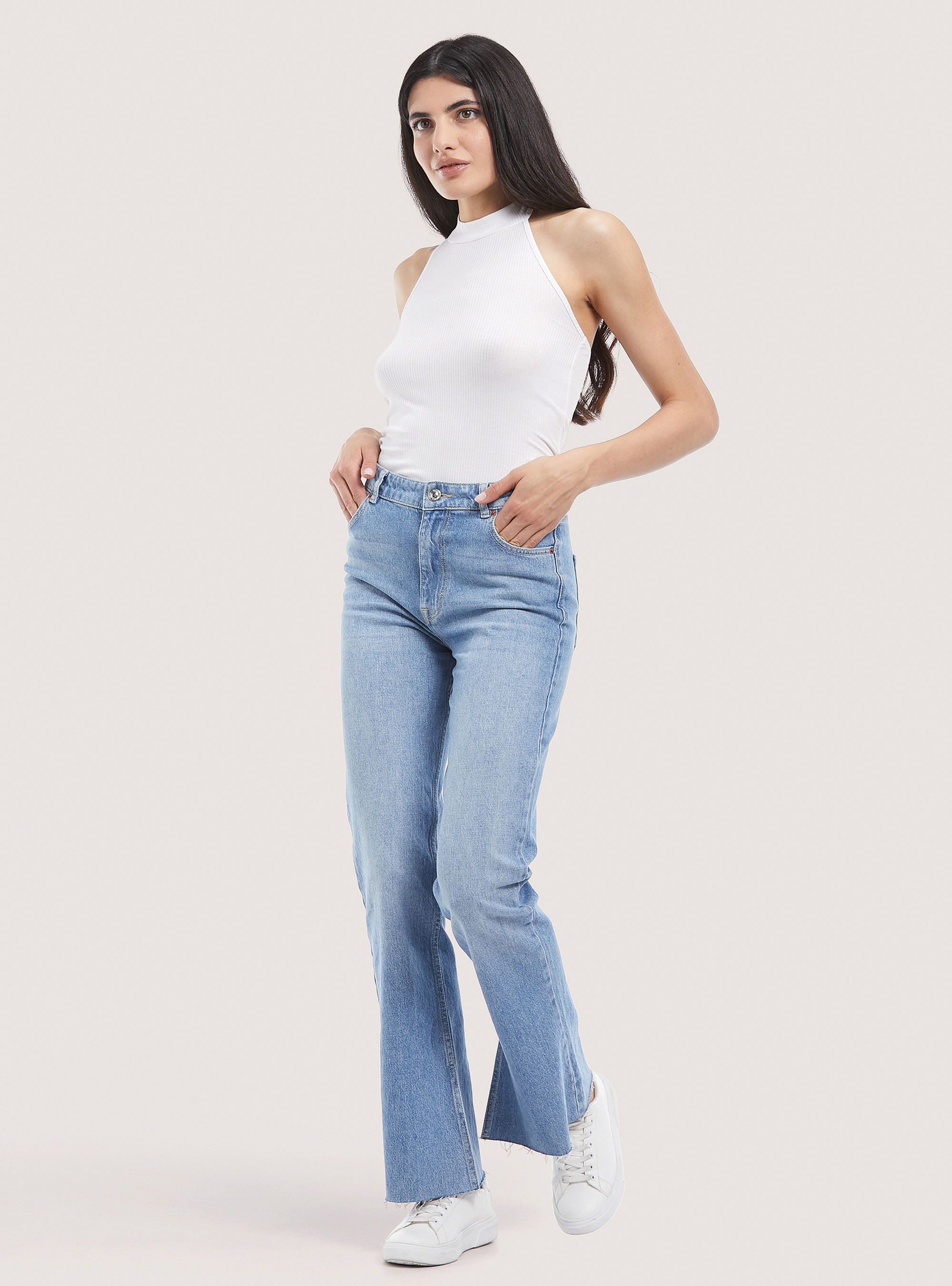 Jean flare à coupe brute, D007 LIGHT AZURE