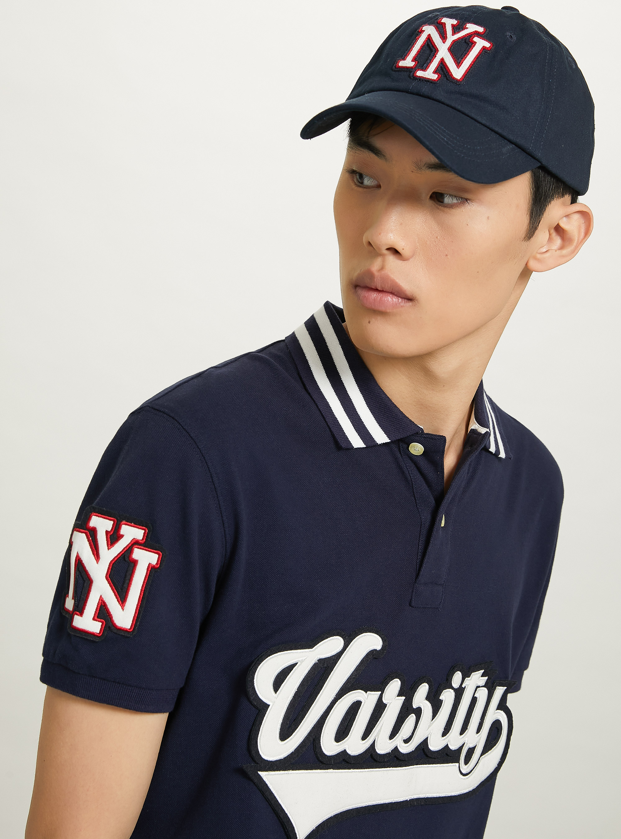 Cotton polo shirt with Varsity patch, C2306 BLU