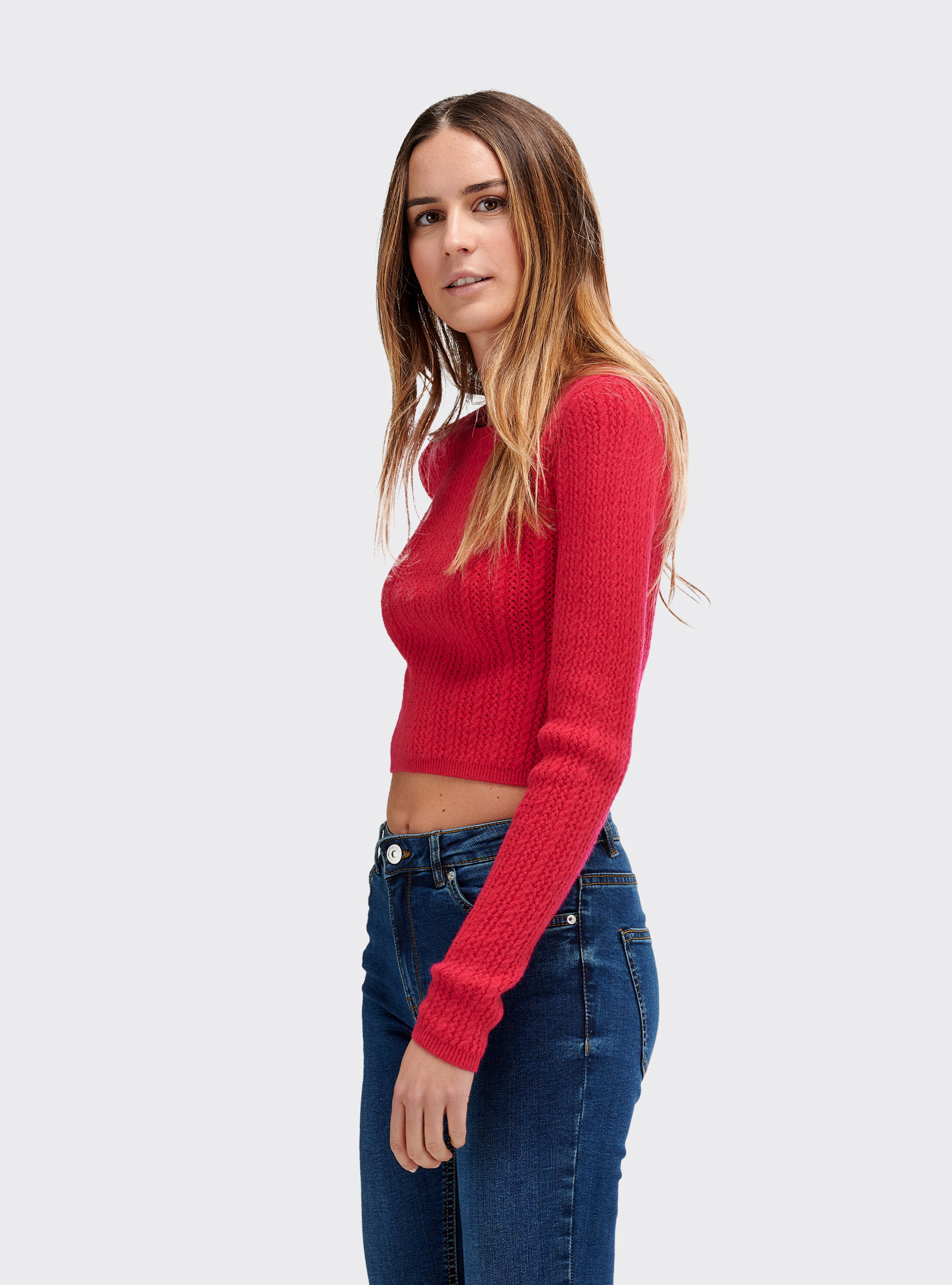 Pullover cropped con lavorazione a trecce piccole e stretch fit, FUXIA