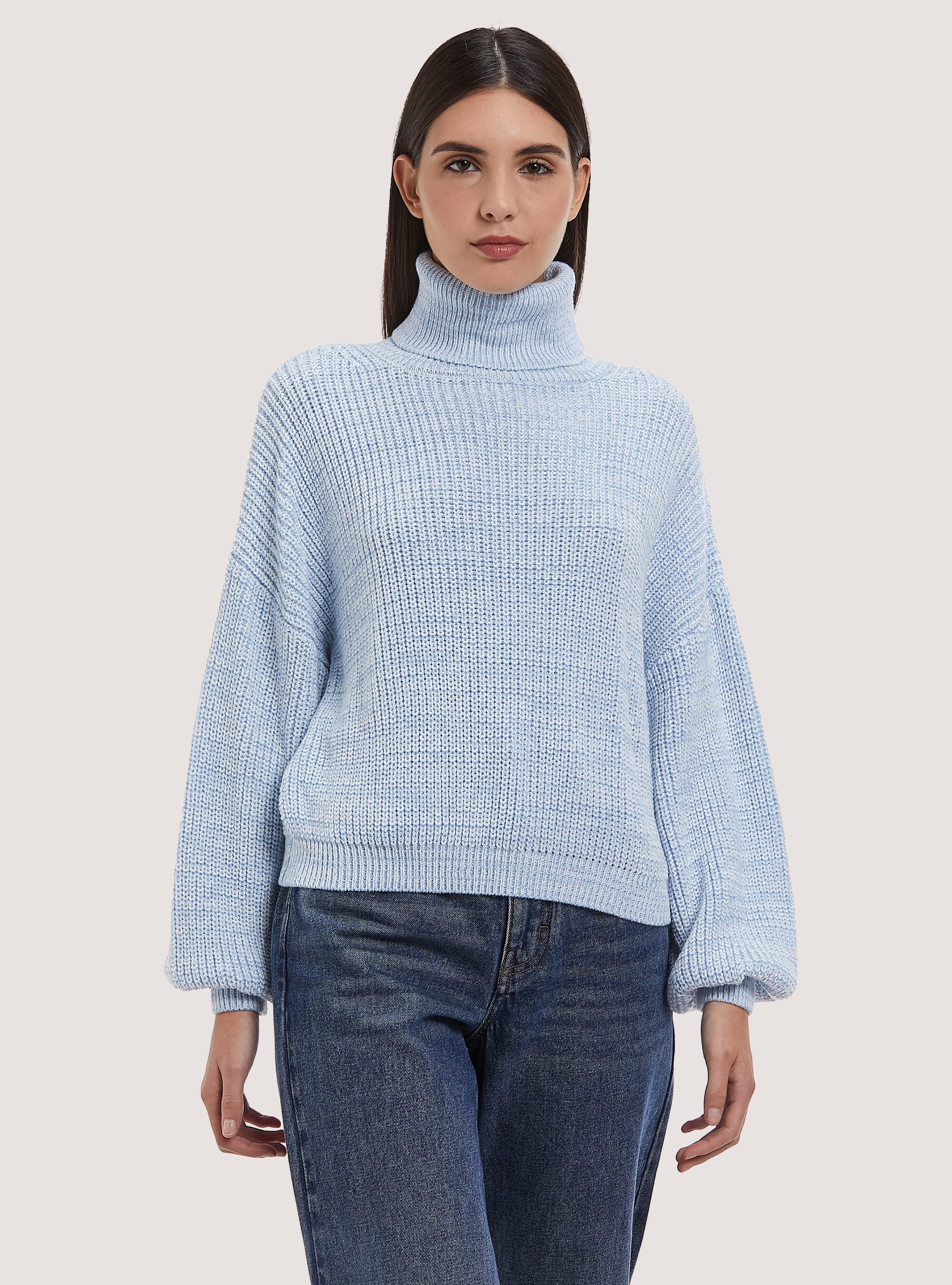 High-necked comfort fit English rib pullover, AZURE