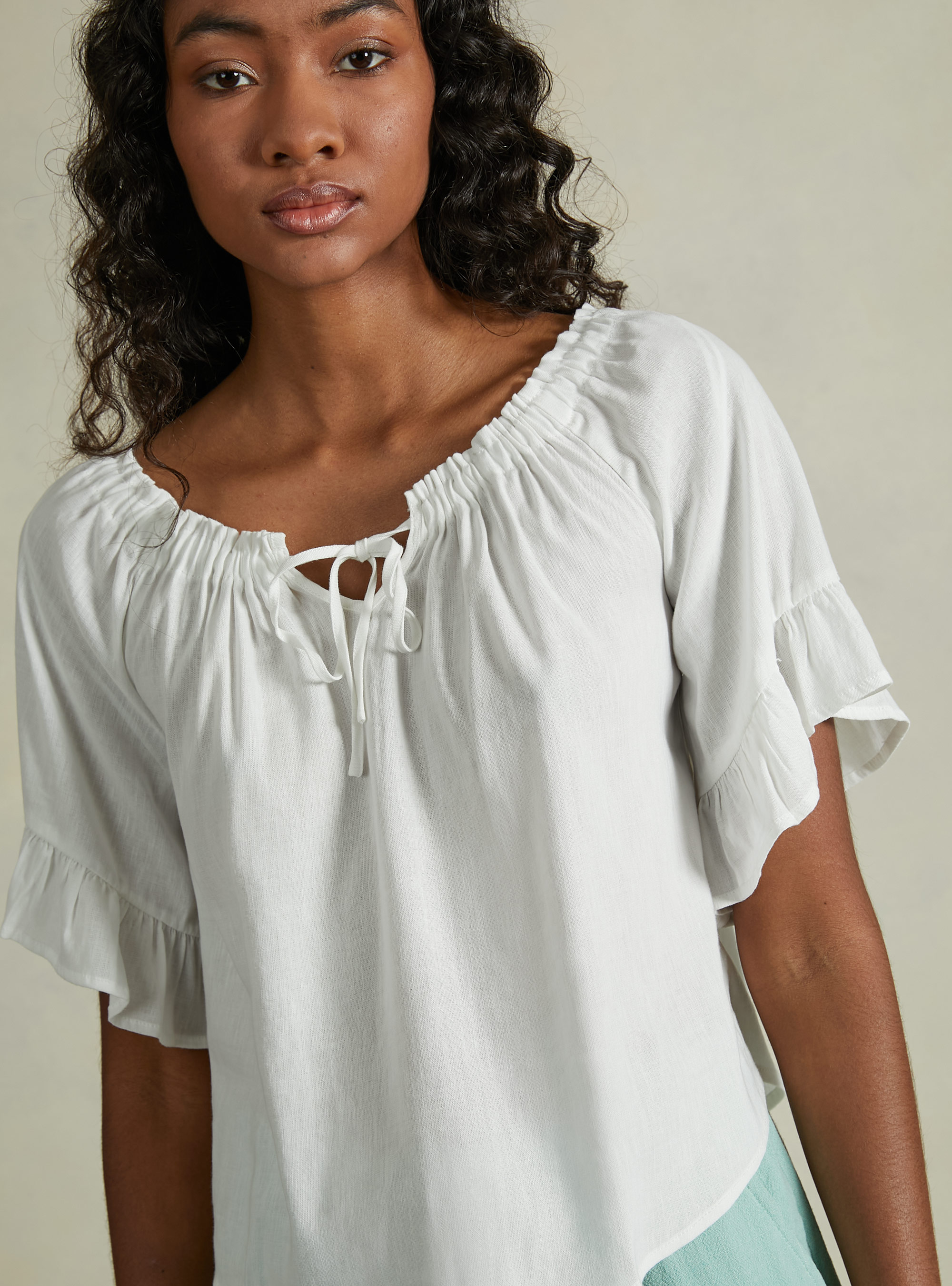 Linen blend blouse with bardot neckline, WH2 WHITE