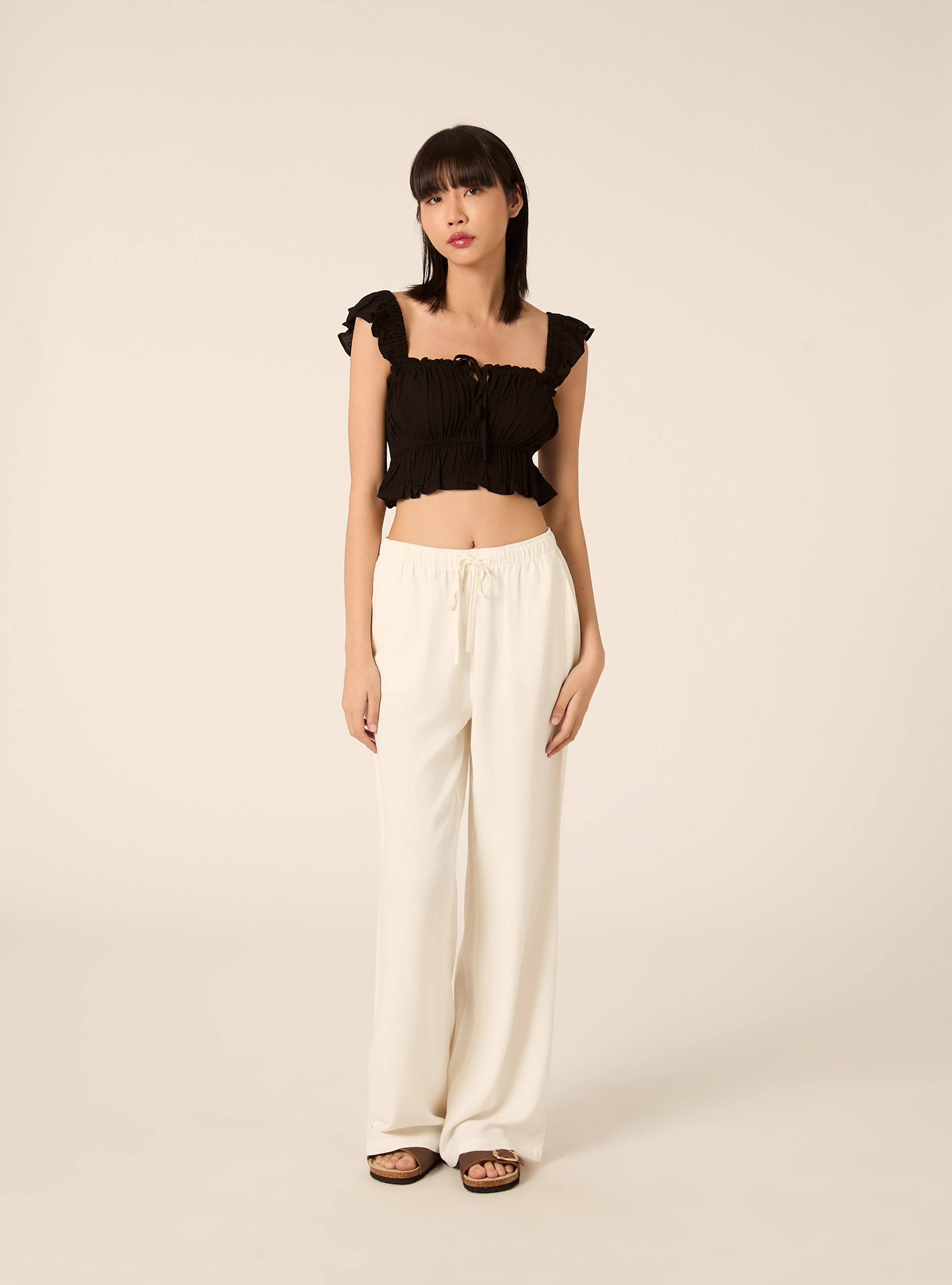 Top in crepe con volant, BK1 BLACK