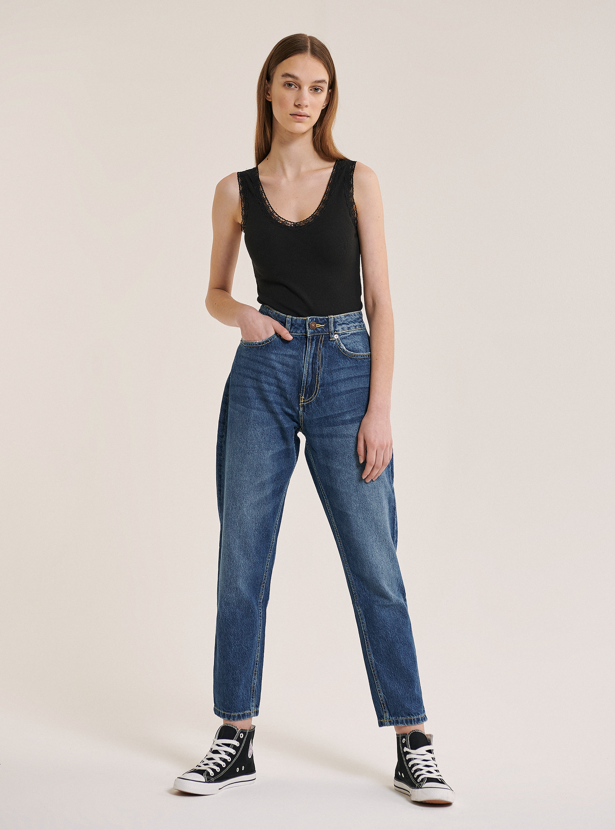 Jean cropped straight fit taille haute, C218 BLUE NAVY