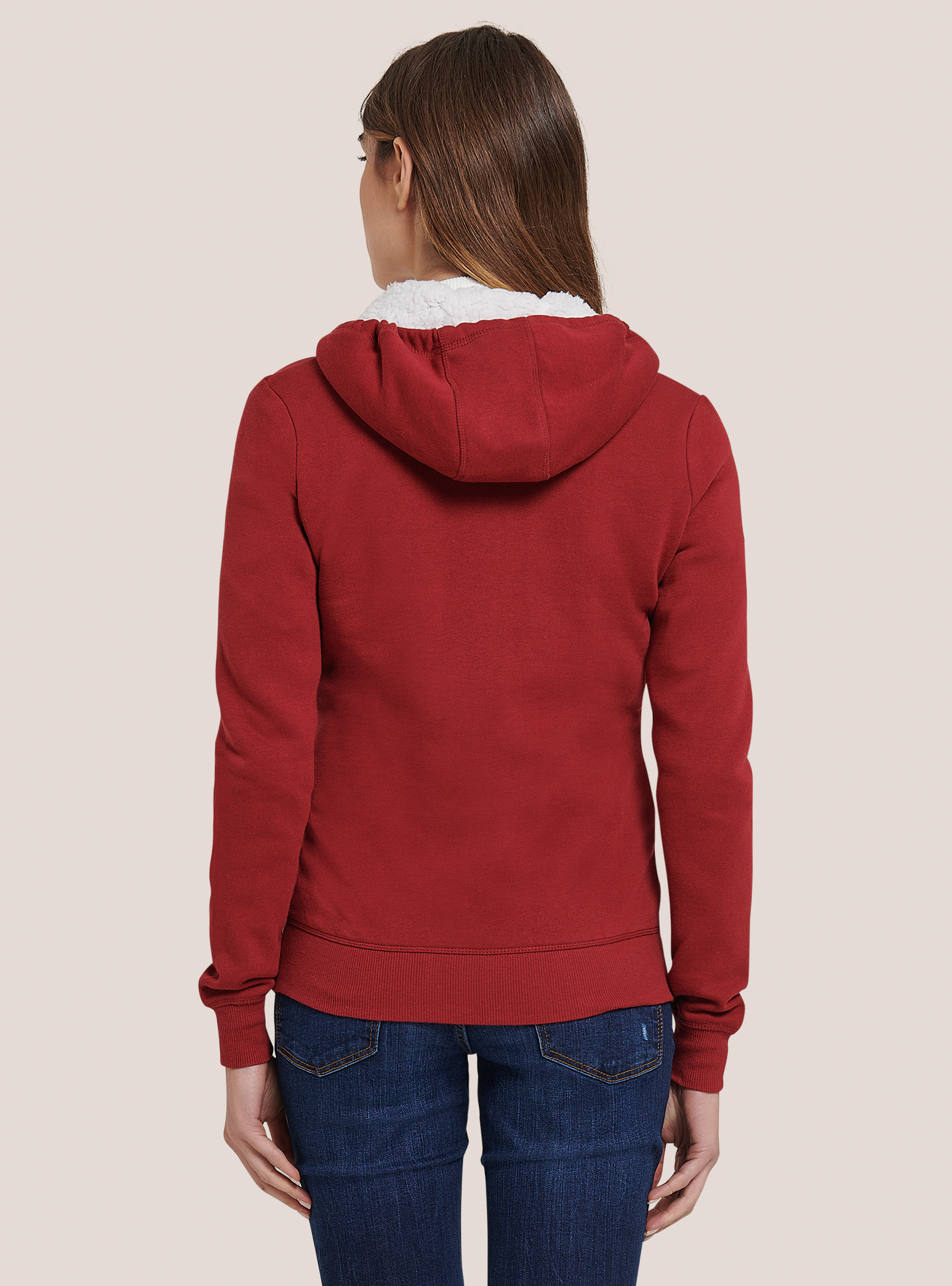 Sweatshirt with zip and faux fur hood, BORDEAUX