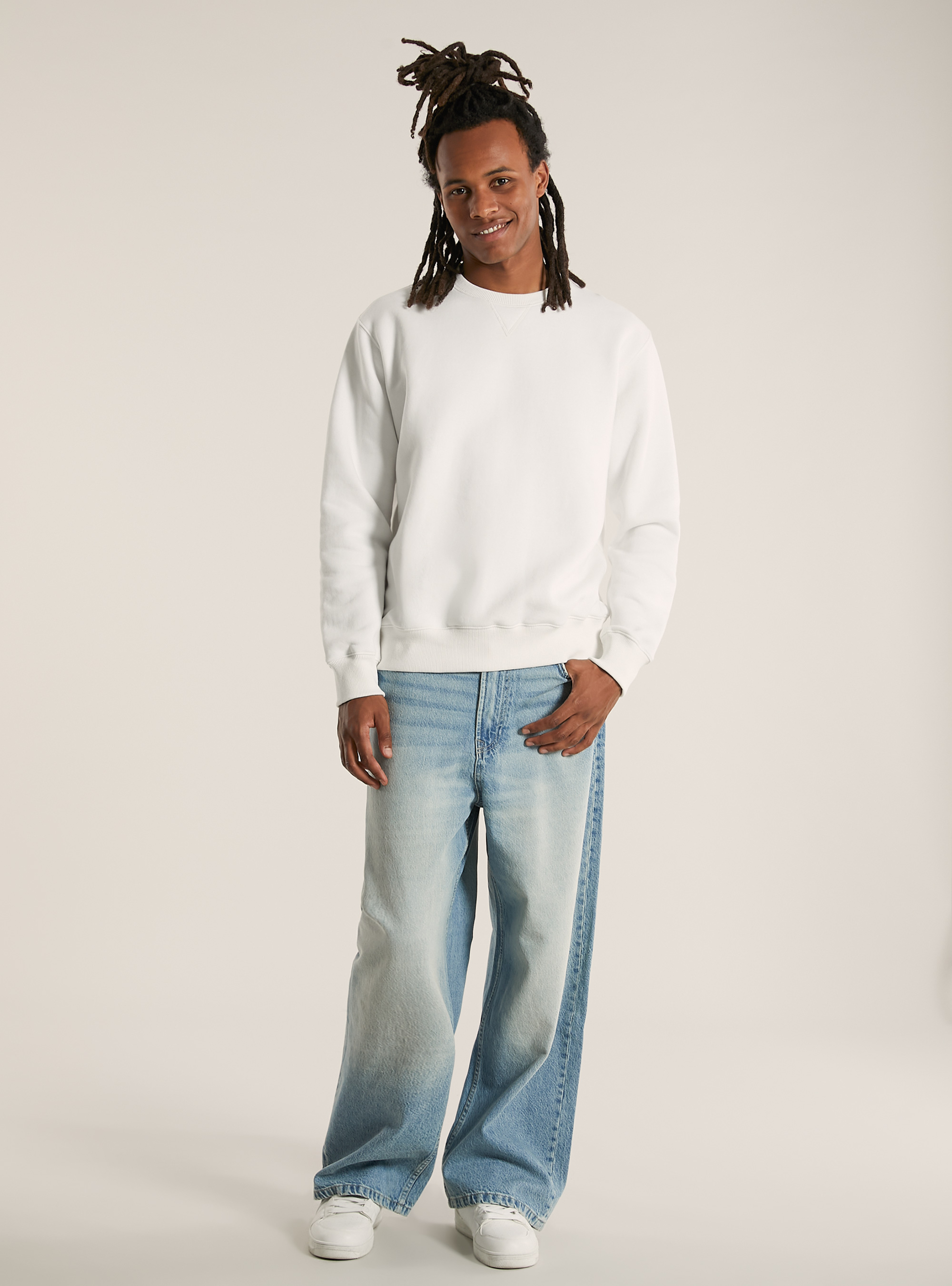 Sudadera de cuello redondo de color liso, WH2 WHITE