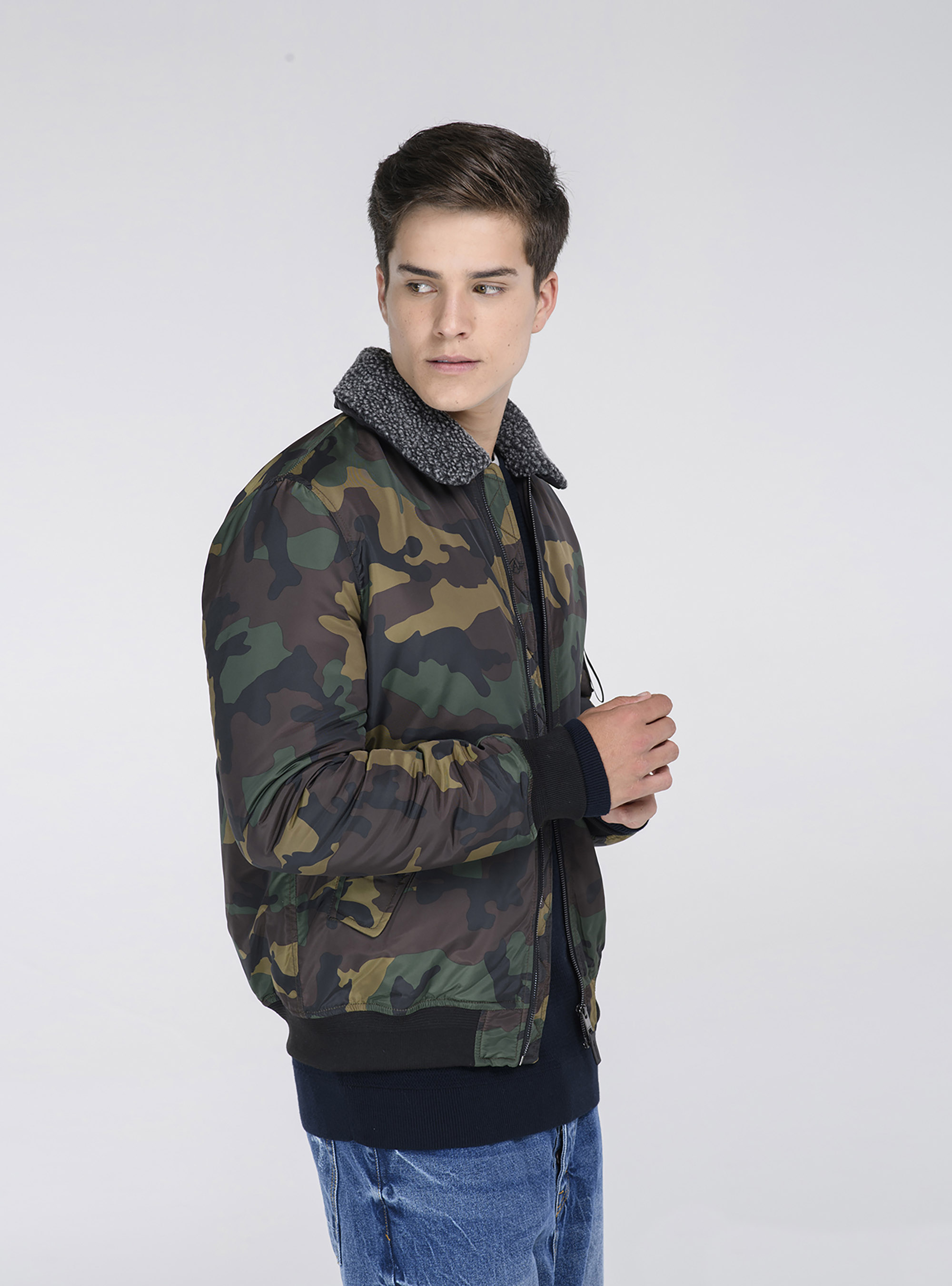 Camouflage jacket with wool effect collar, CAMOUFLAGE
