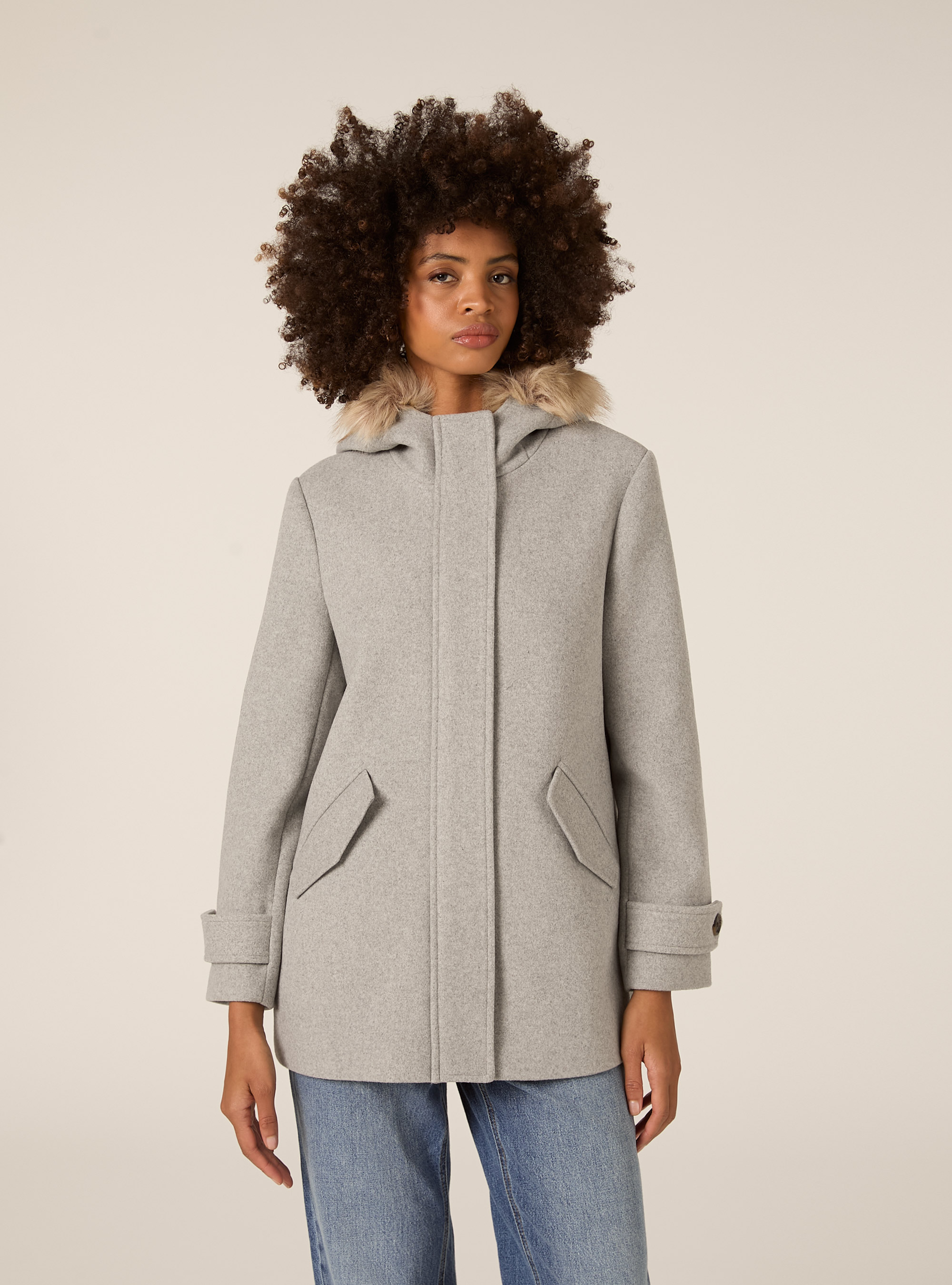 Manteau à capuche fourré, MGY3 GREY MEL LIGHT