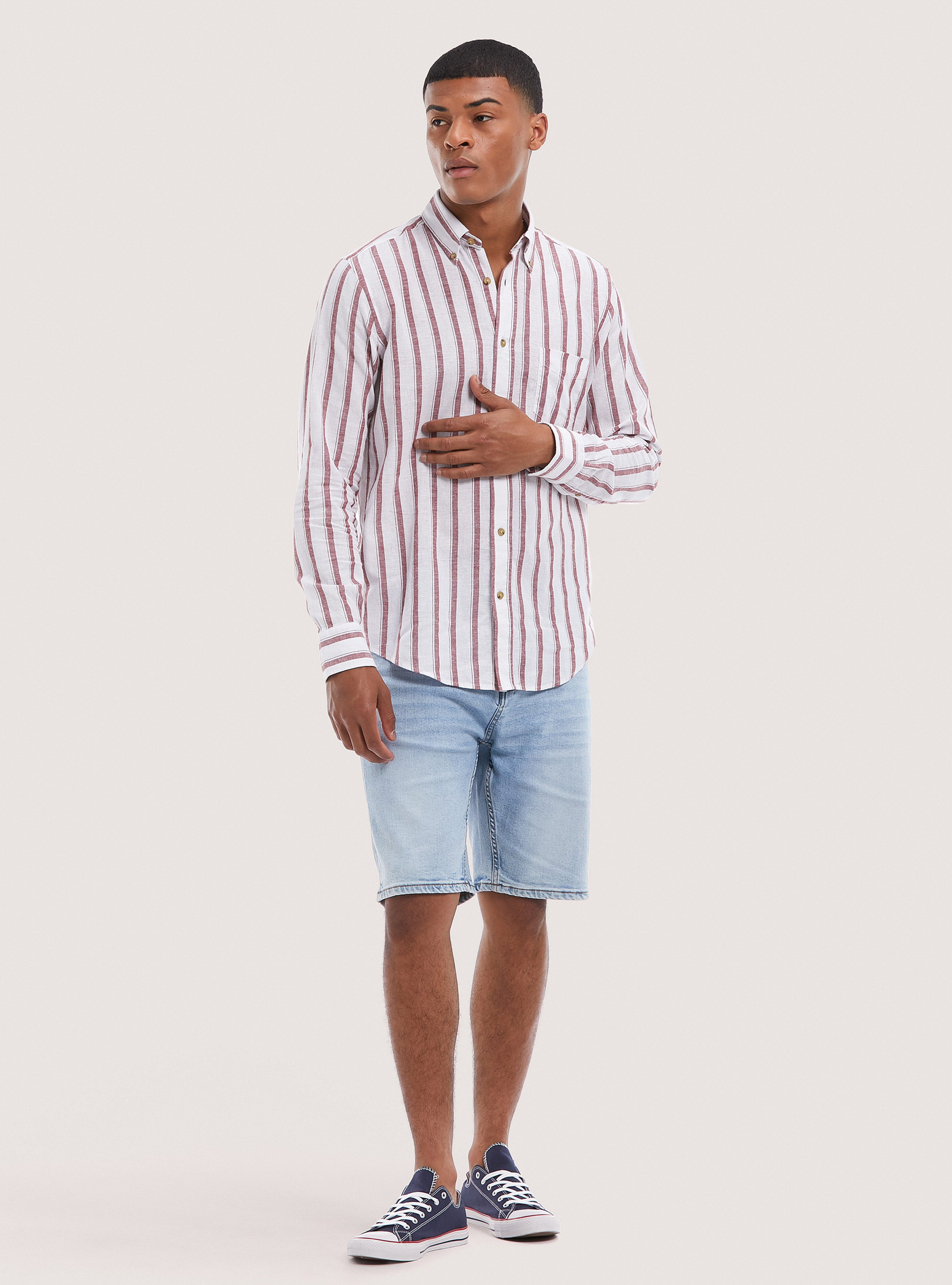Camicia in misto lino rigata, C0333 BORDEAUX