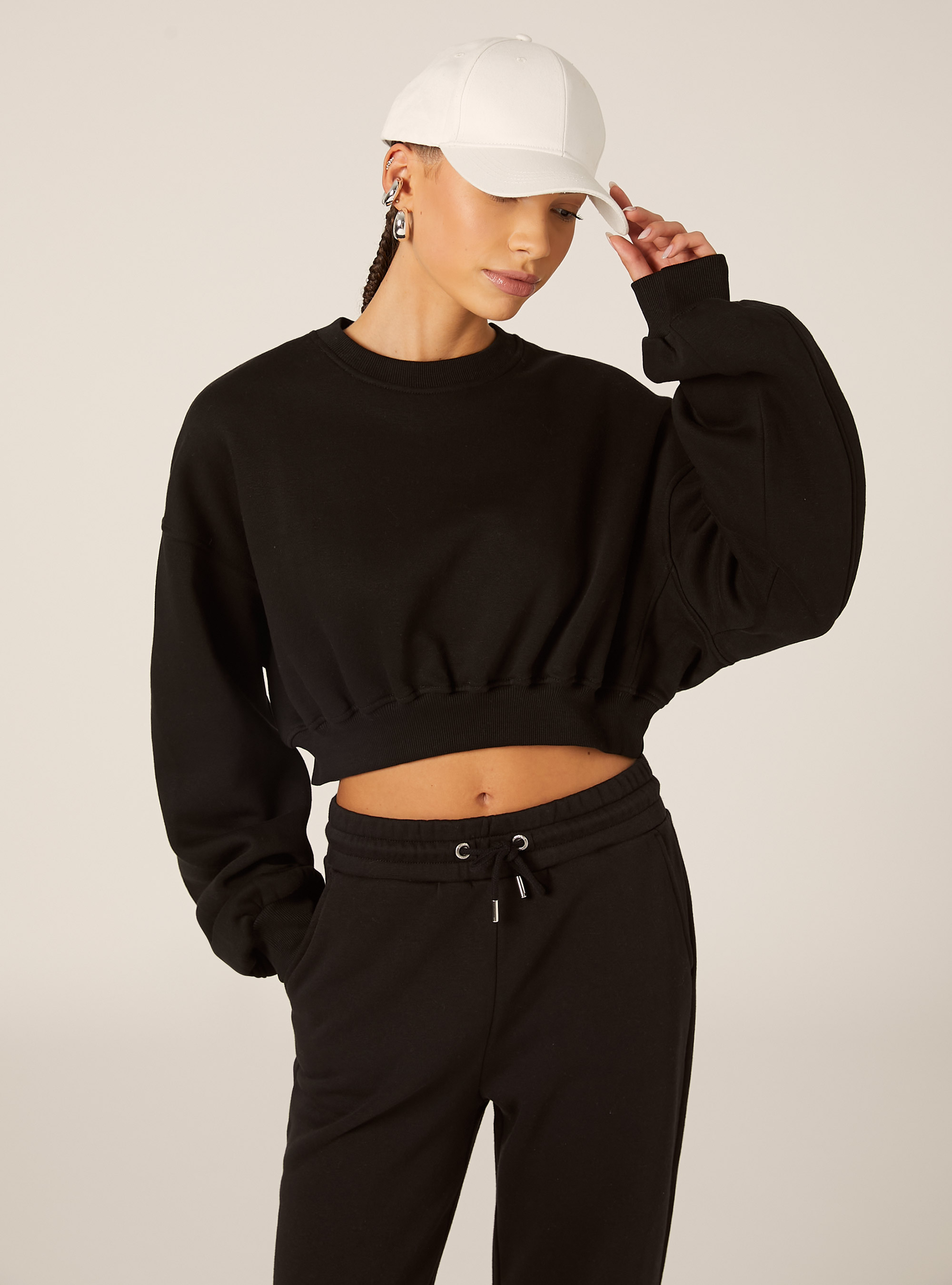 Felpa girocollo in cotone crop, BK1 BLACK