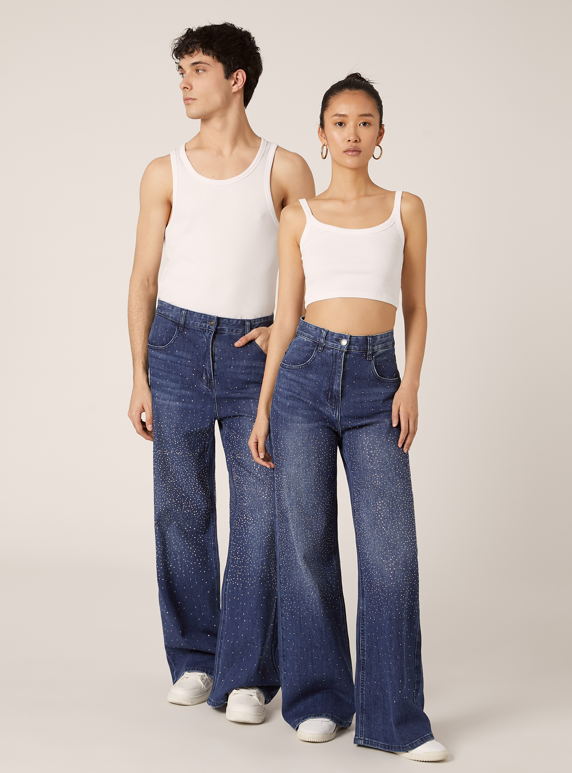 Jeans straight high rise con strass, D003 MEDIUM BLUE