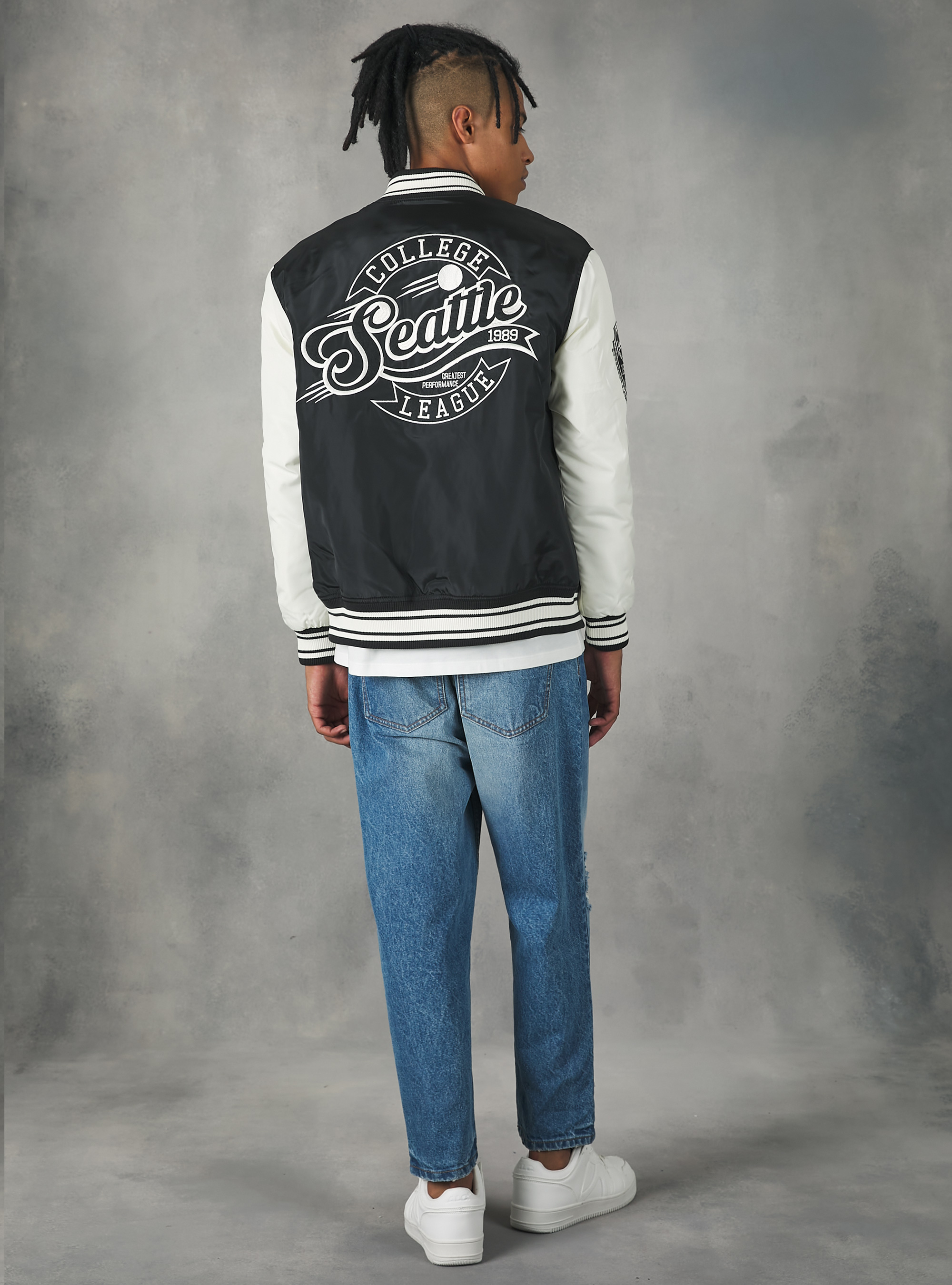 College-style bomber jacket with recycled padding, BK1 BLACK