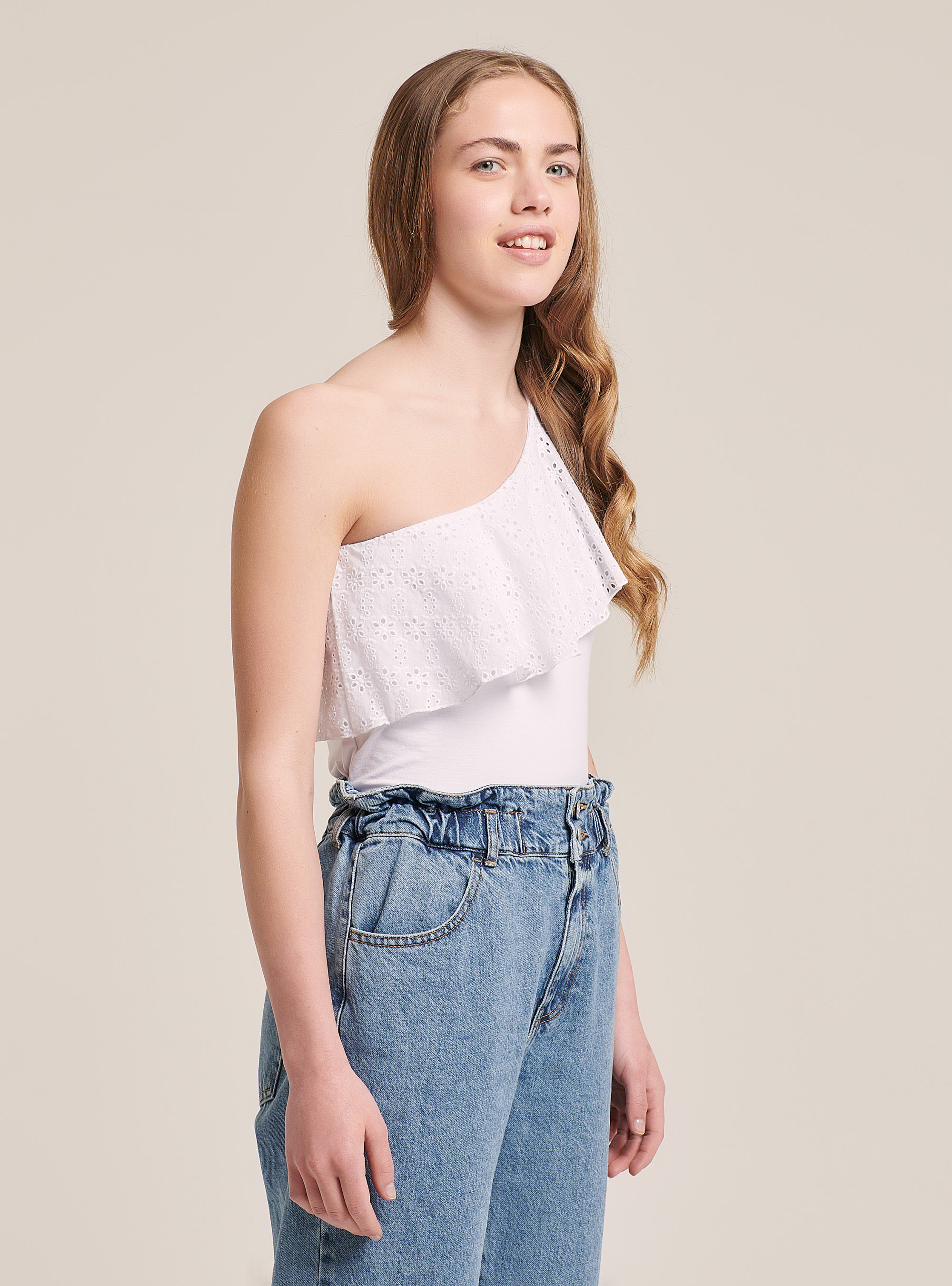 Top brodé à une épaule, C099 WHITE