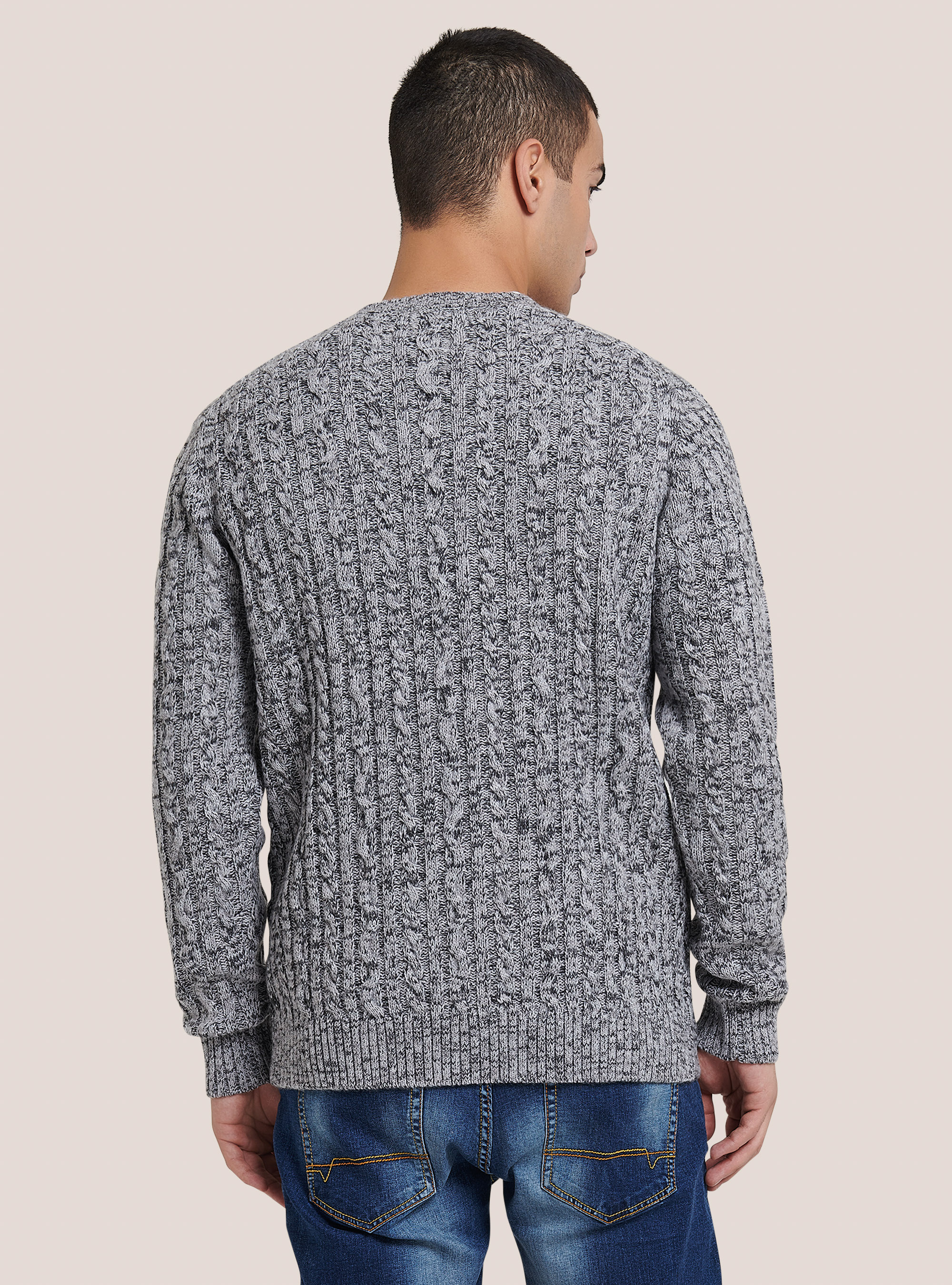 Crew-neck pullover with braids, MGY1 GREY MEL DARK