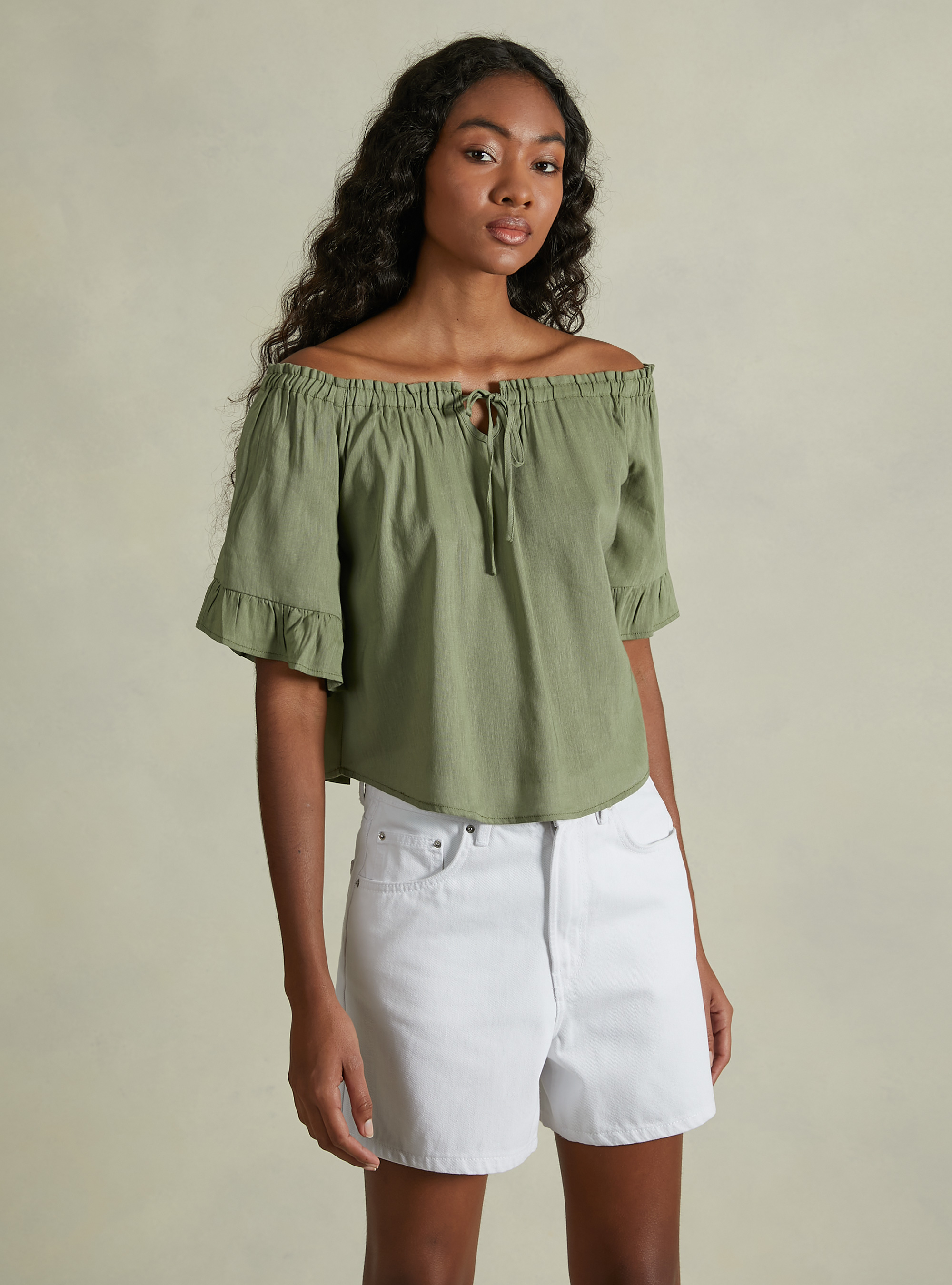 Linen blend blouse with bardot neckline, KY1 KAKY DARK