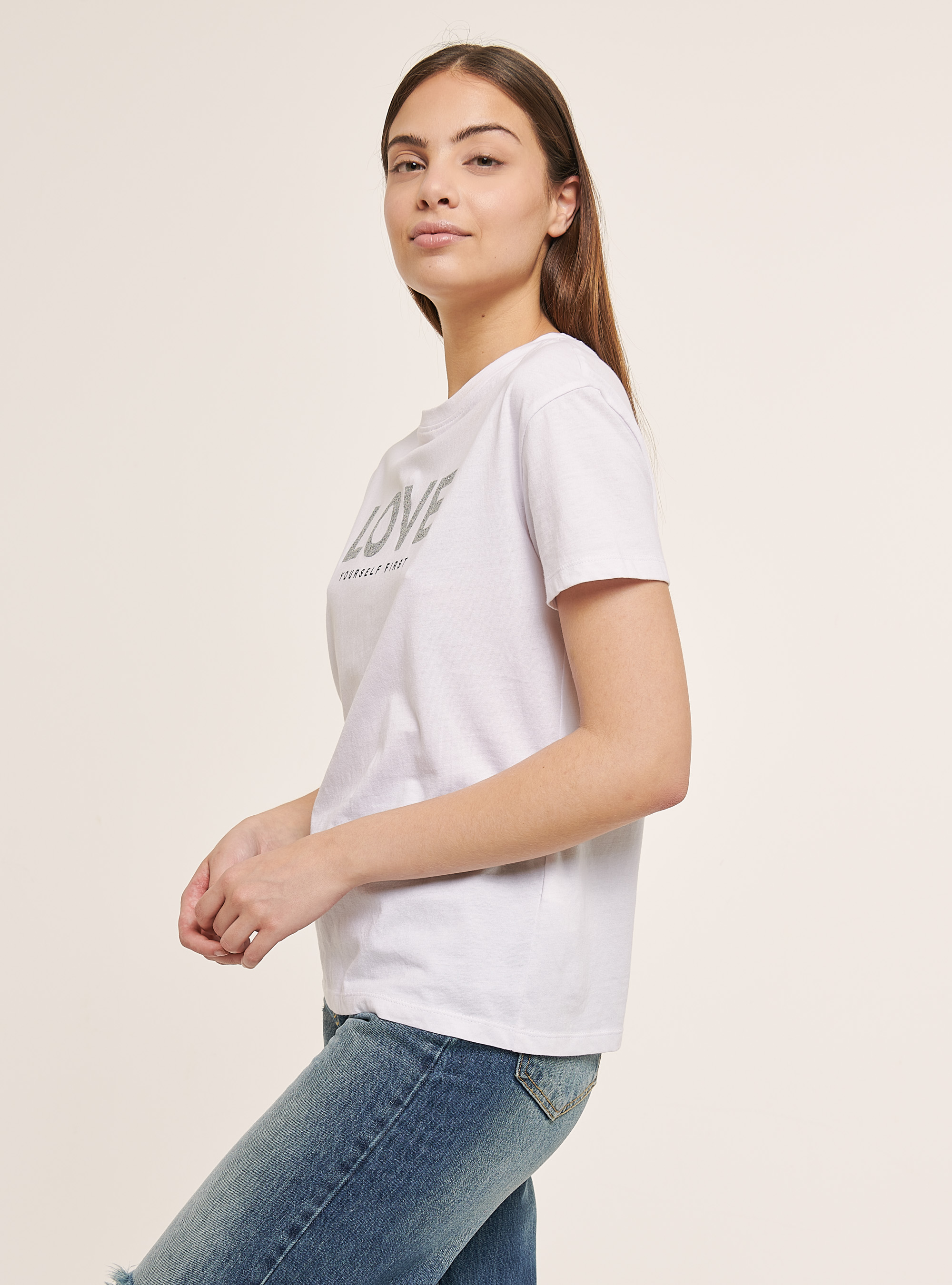 Cotton T-shirt with glitter print, WHITE