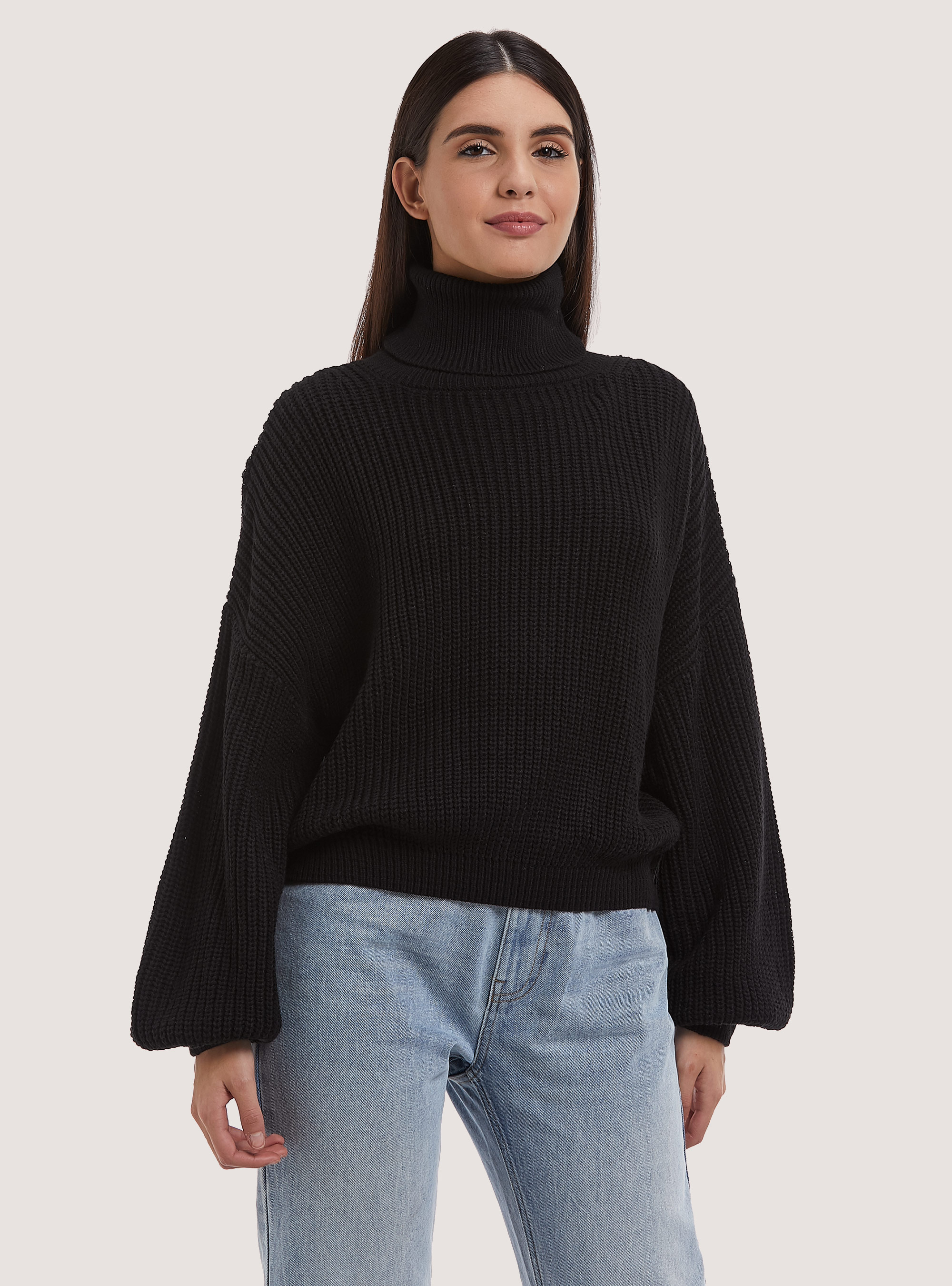 High-necked comfort fit English rib pullover, BLACK