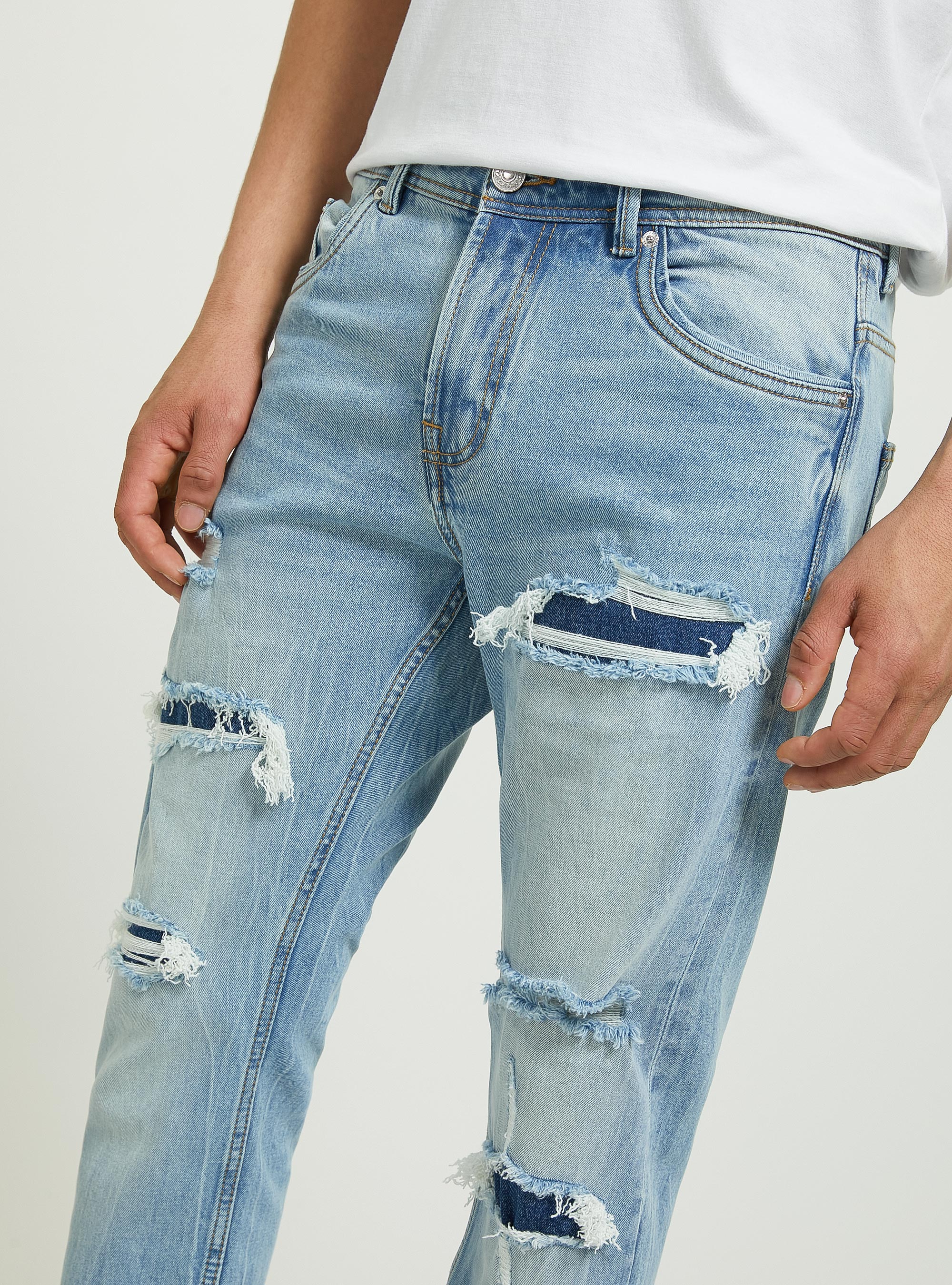 Slim fit stretch denim jeans with rips, D004 MEDIUM LIGHT BLUE